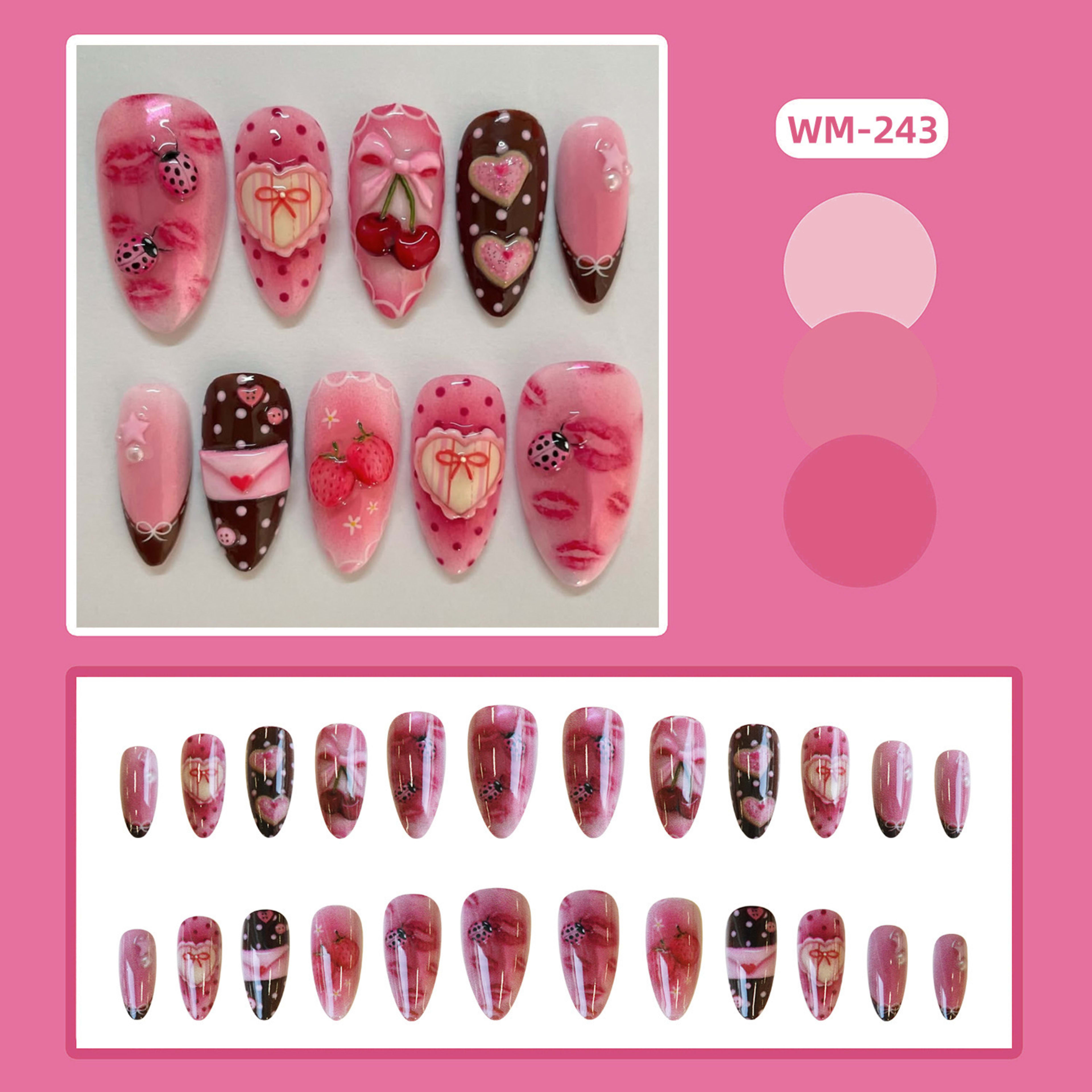 Sweet Heart-Shaped Strawberry Polka-Dot Envelope Wearable Nail Tips 4