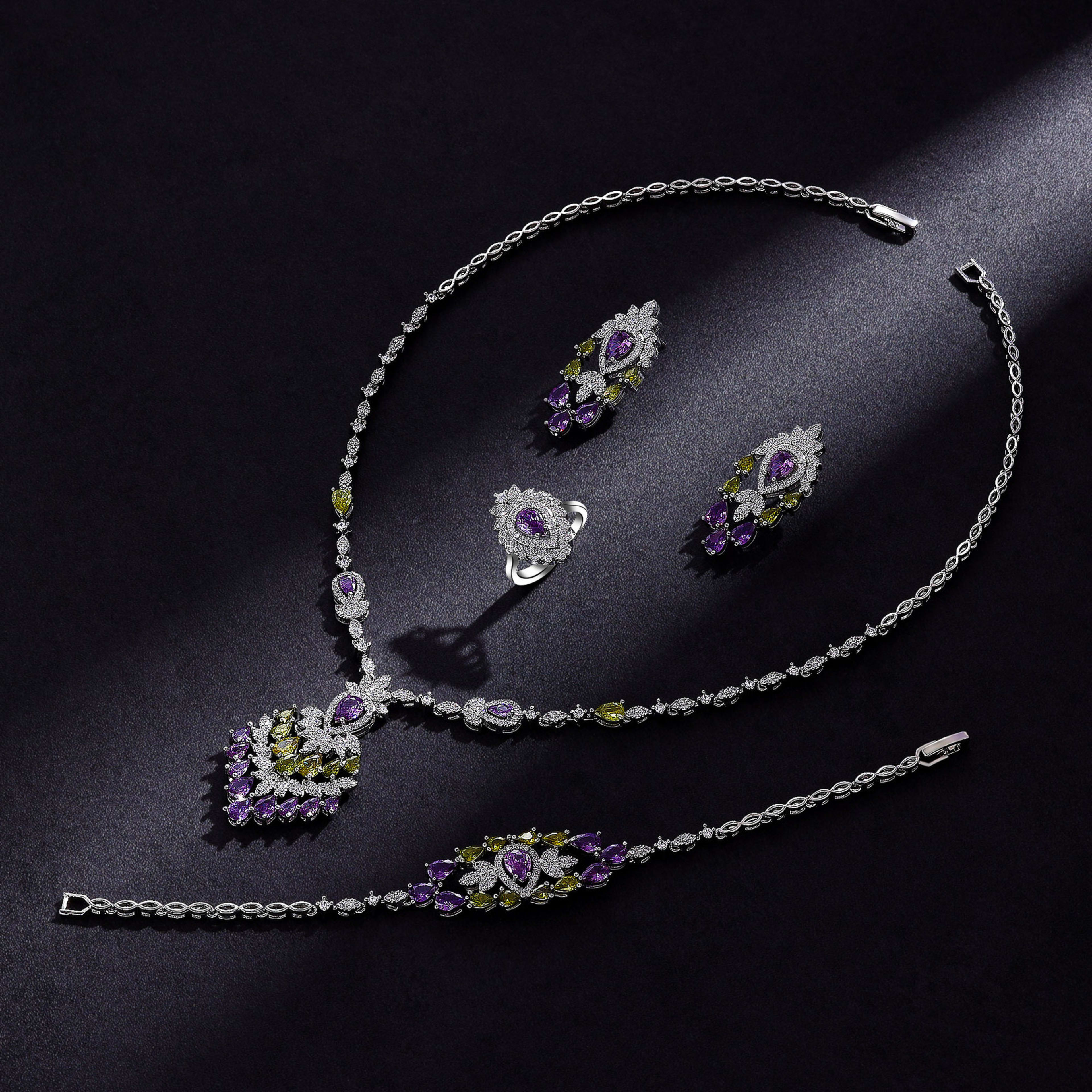 Color Zirconium Necklace Earrings 4-piece Set 1