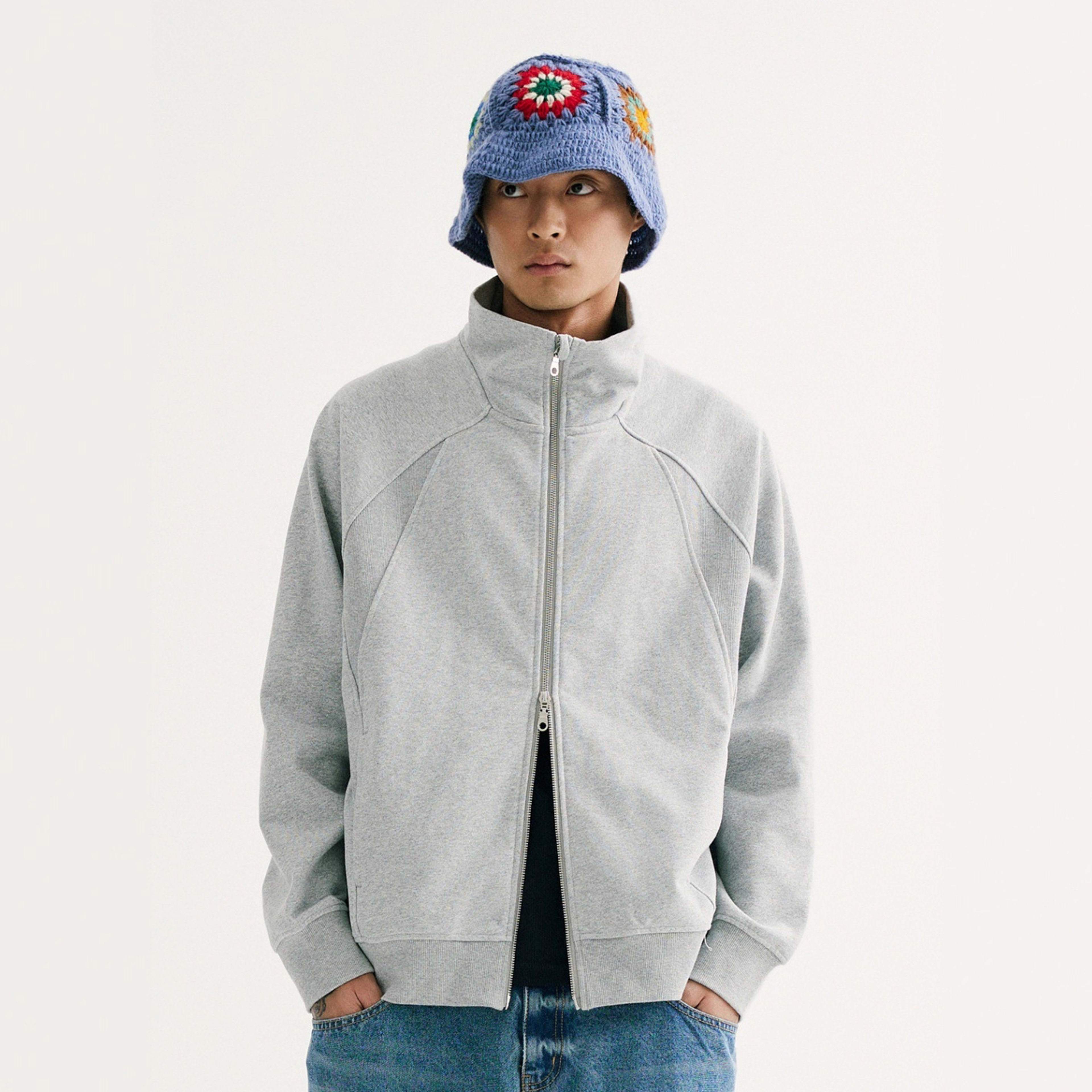 Retro Solid-color Curved-cut Stand-collar Zip-up Hoodie 4