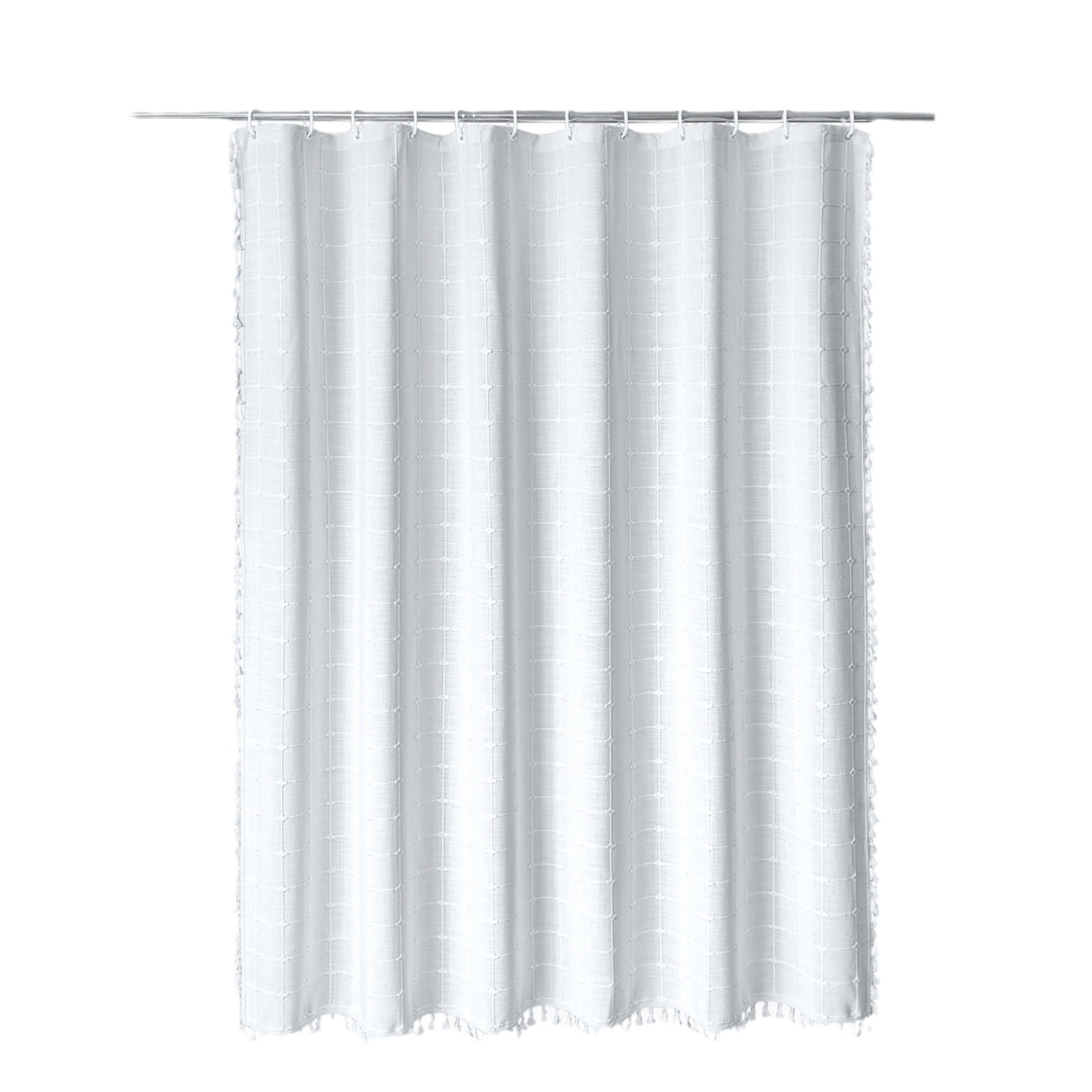 Tencel-linen Checkered Tassel Bathroom Checkered Partition Curtain Waterproof Shower Curtain 12