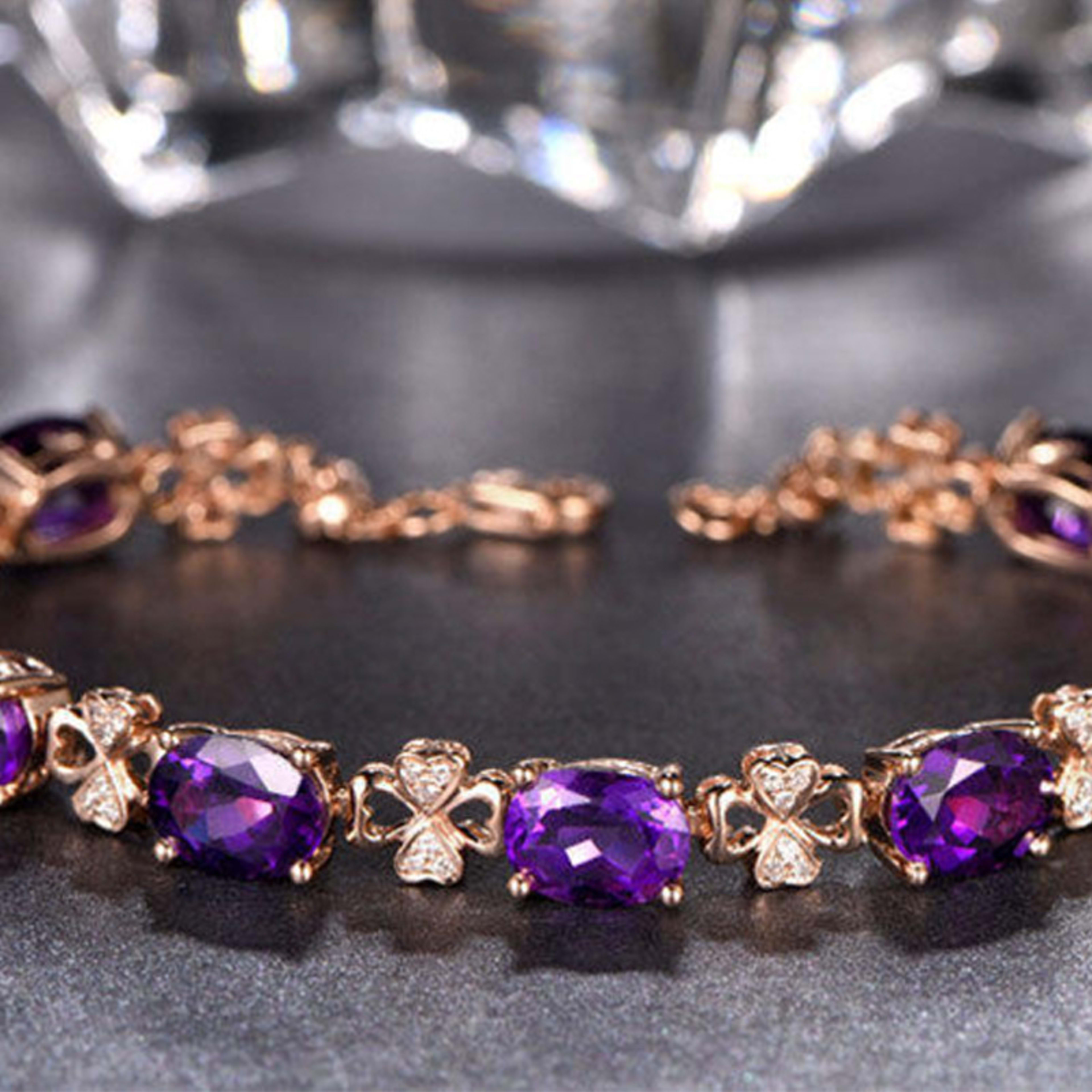 Quality Ear Hook Purple Gemstone Diamond Ring Rose Gold Collarbone Necklace Set 5