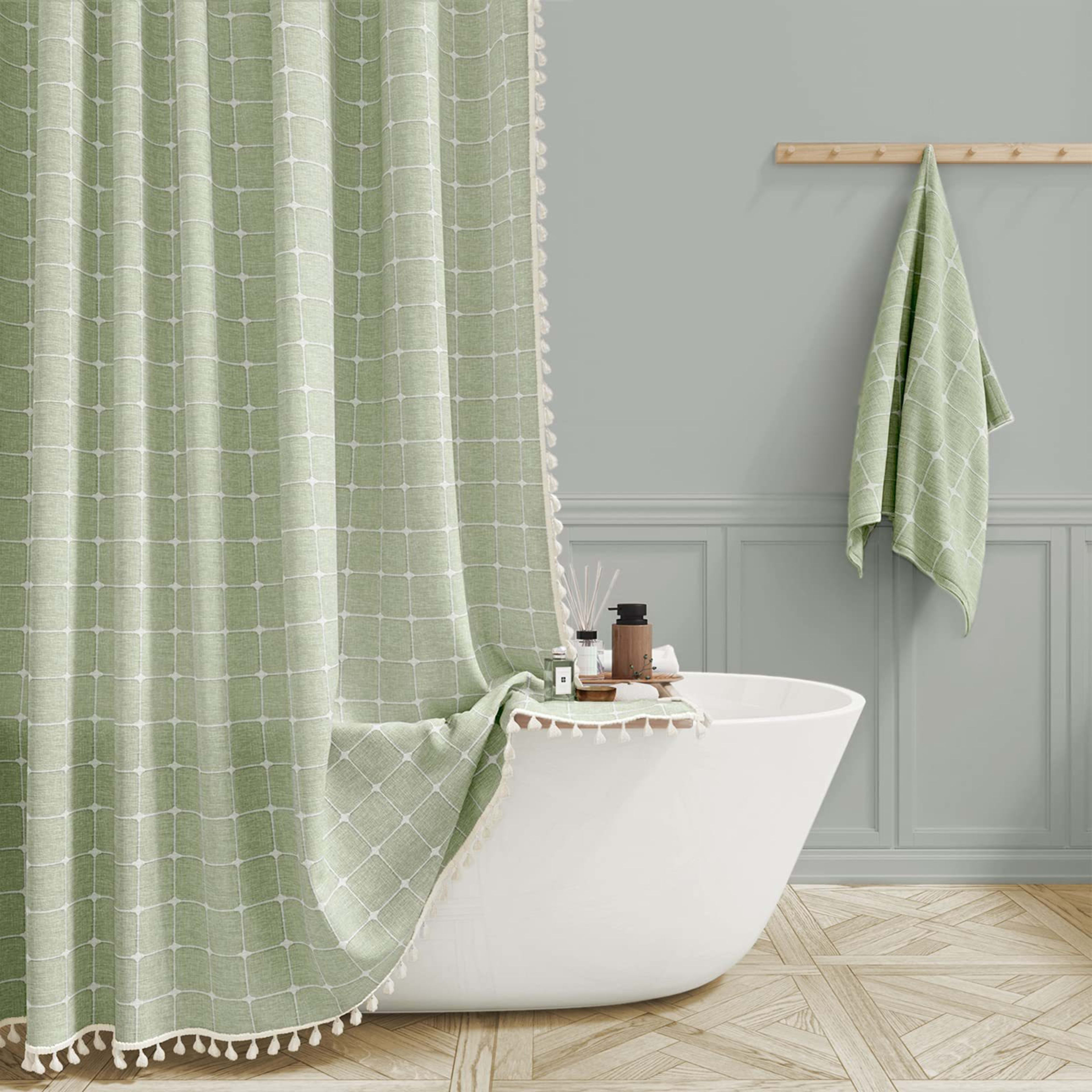 Tencel-linen Checkered Tassel Bathroom Checkered Partition Curtain Waterproof Shower Curtain 2