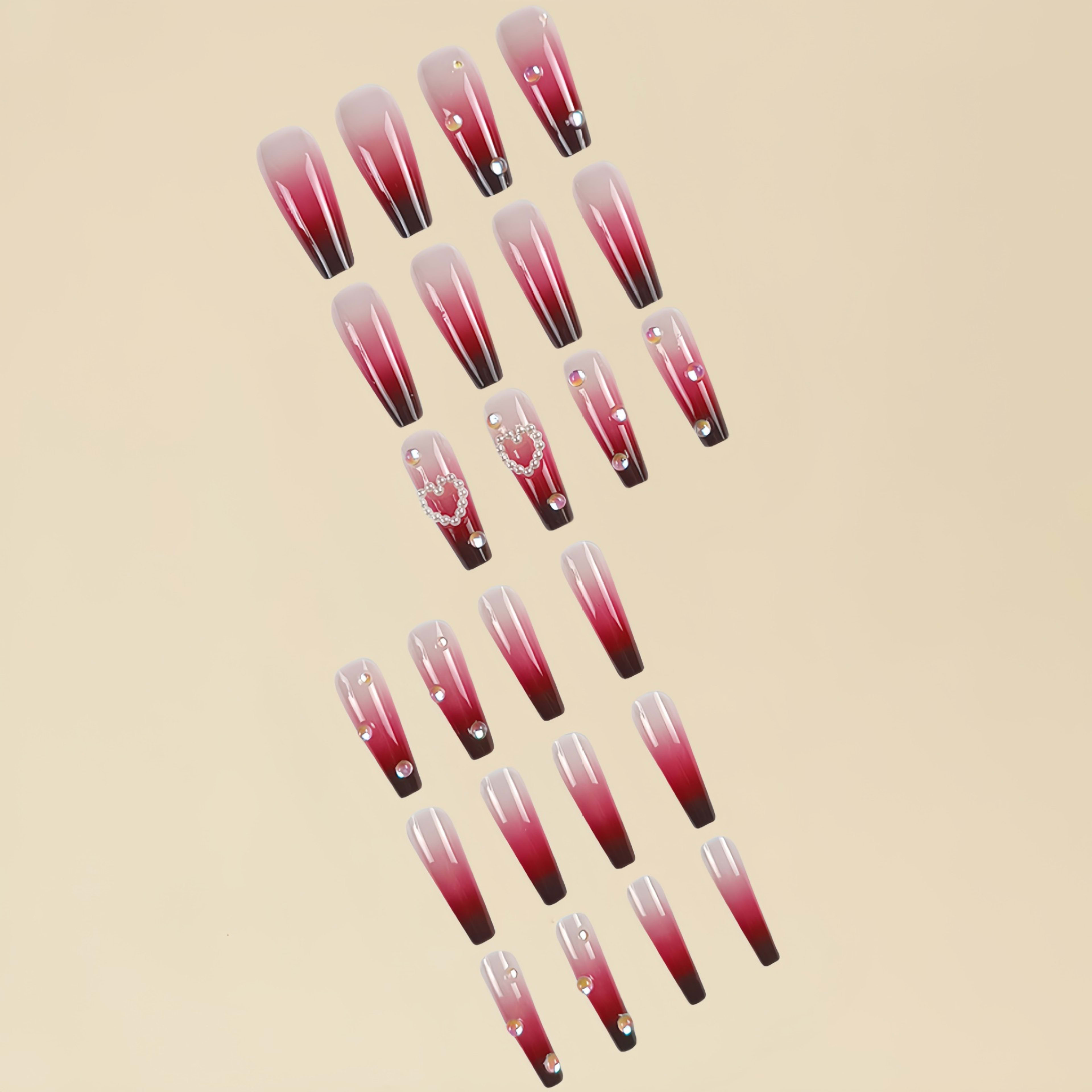Pearl Heart Wine Red Gradient Wear Fake Nail Tip 1
