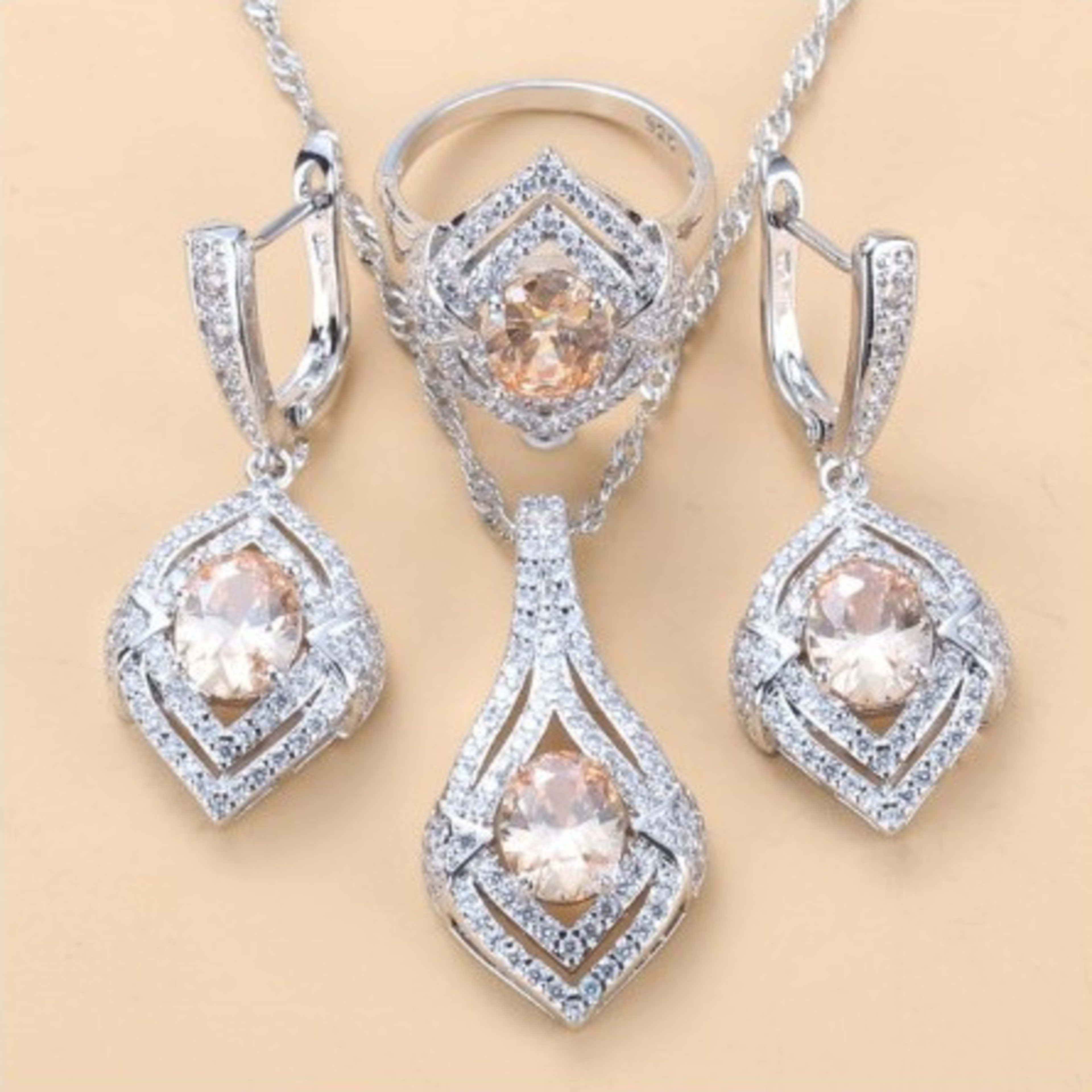 Gem-inlaid Pendant Earrings Necklace Ring Ladies Three-piece Set 13