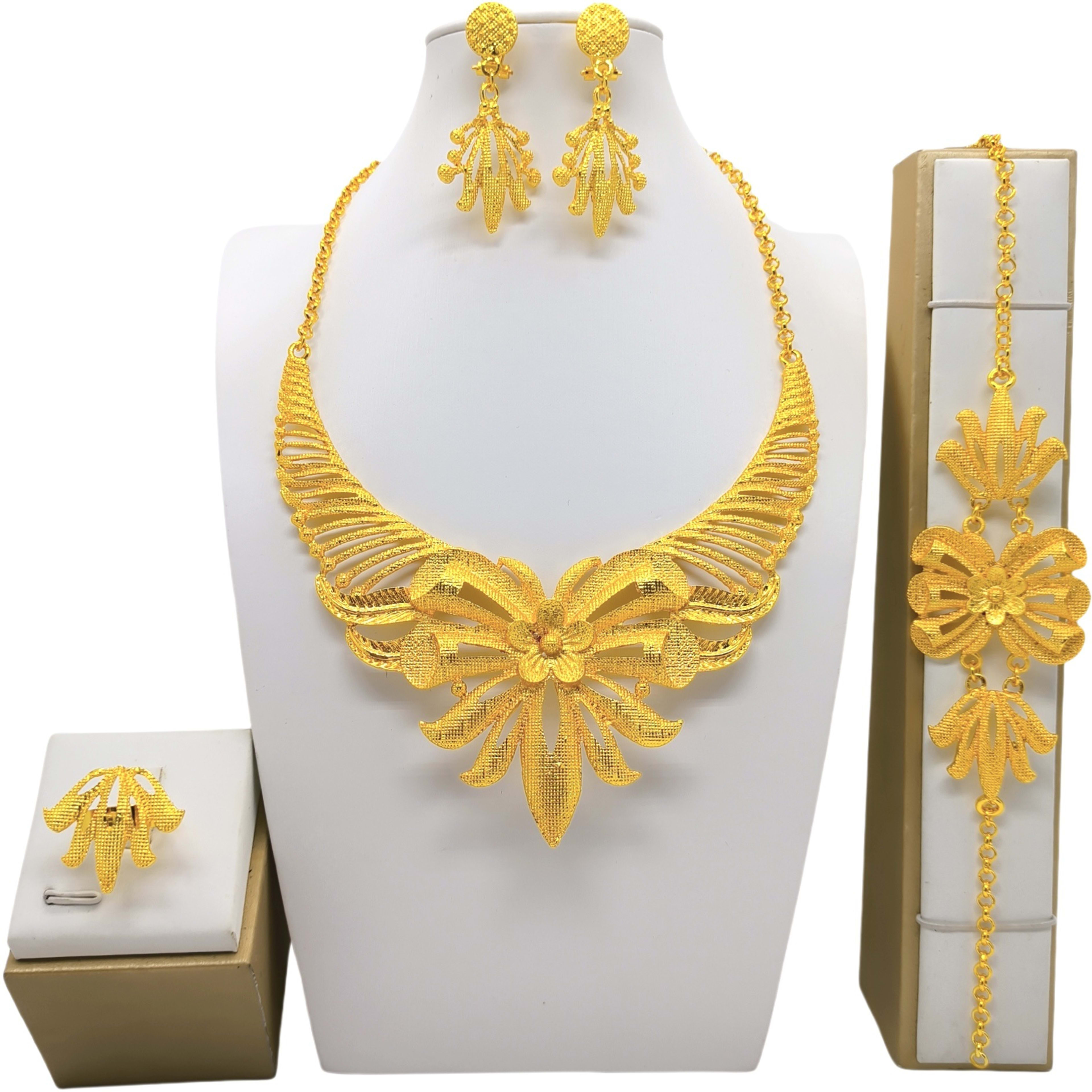 24K Gold Jewelry Suit Necklace Bracelet Earrings Four-piece Ring Set 4