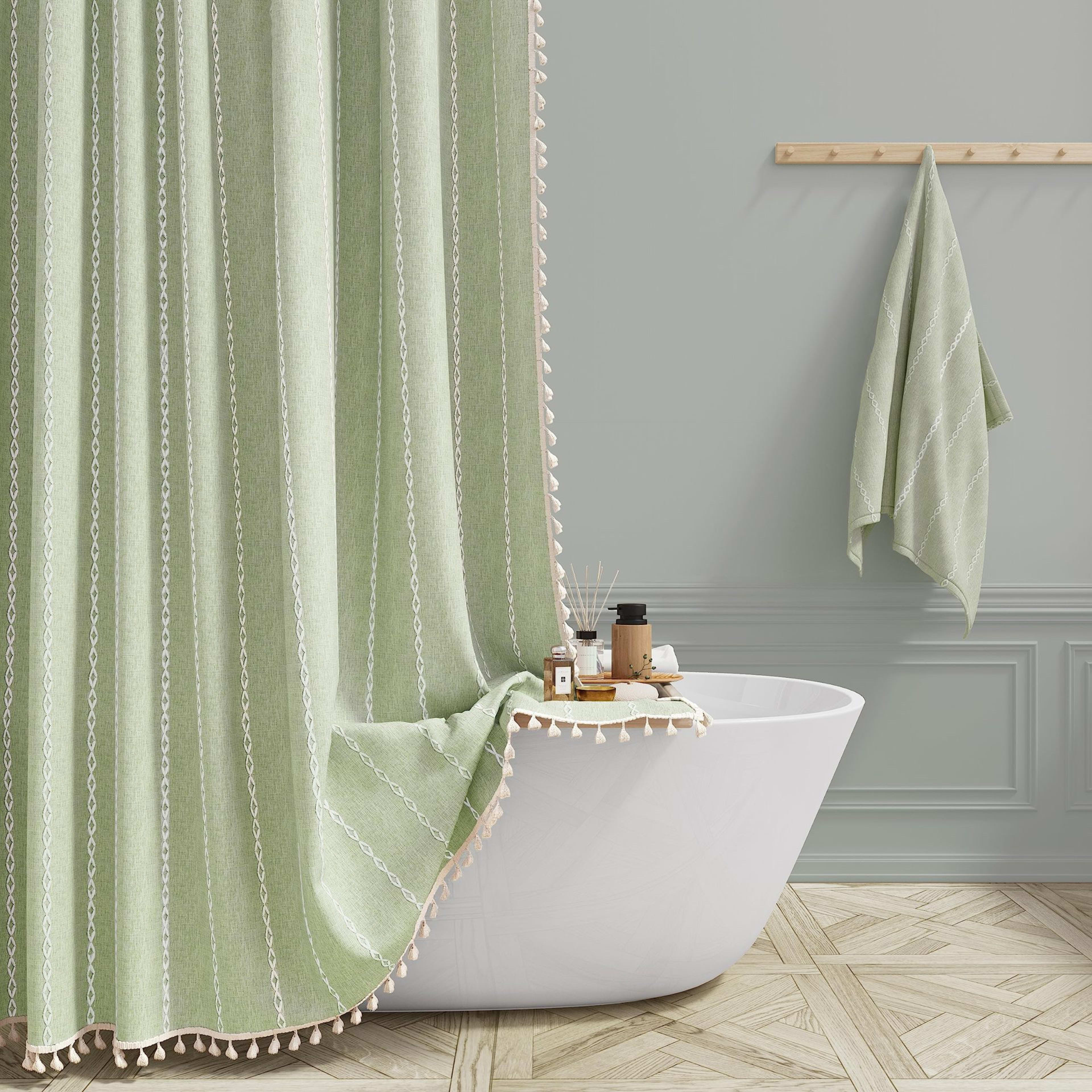 Tencel-linen Checkered Tassel Bathroom Checkered Partition Curtain Waterproof Shower Curtain 14