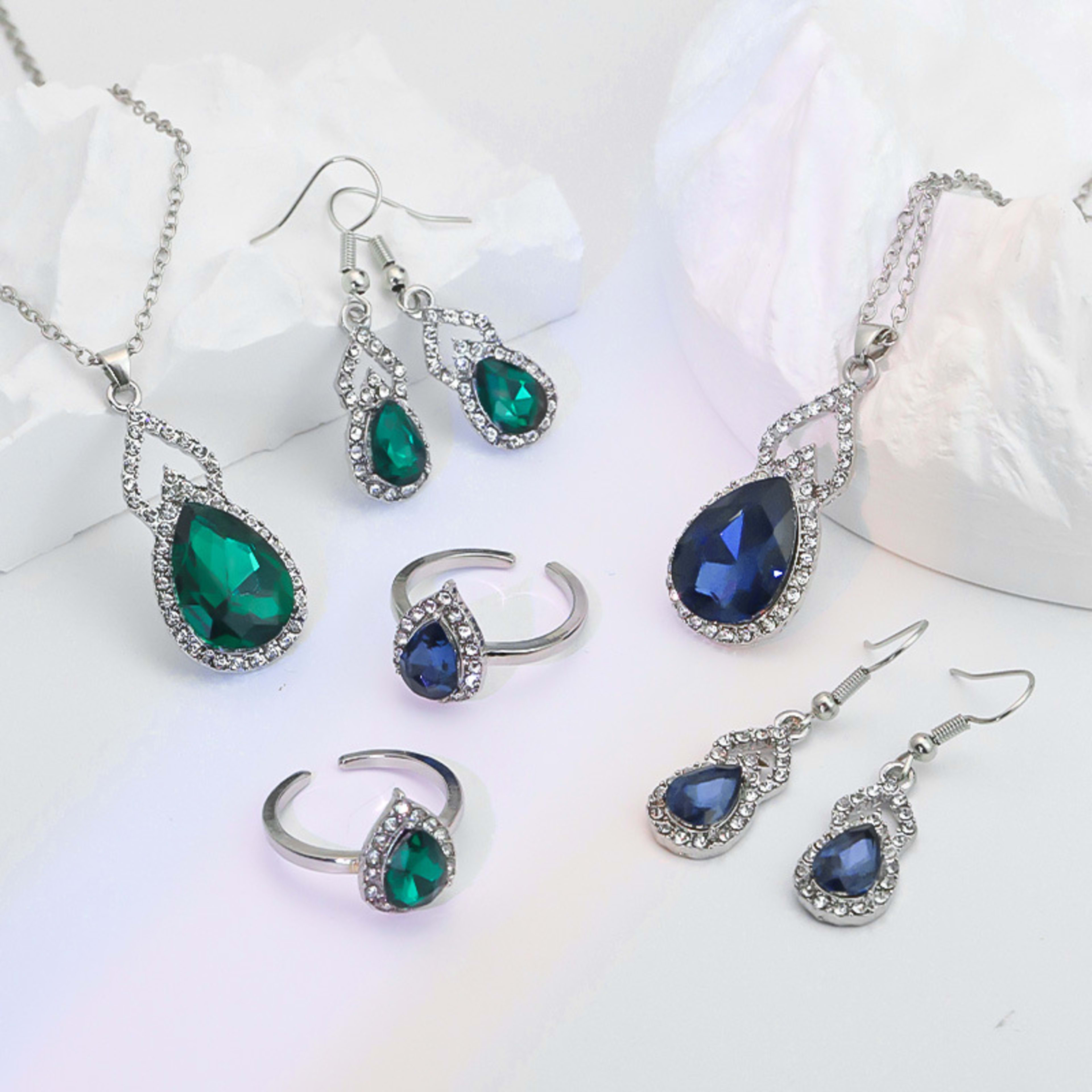 Light Luxury Zircon Necklace Earrings Open Ring Jewelry Suit 2