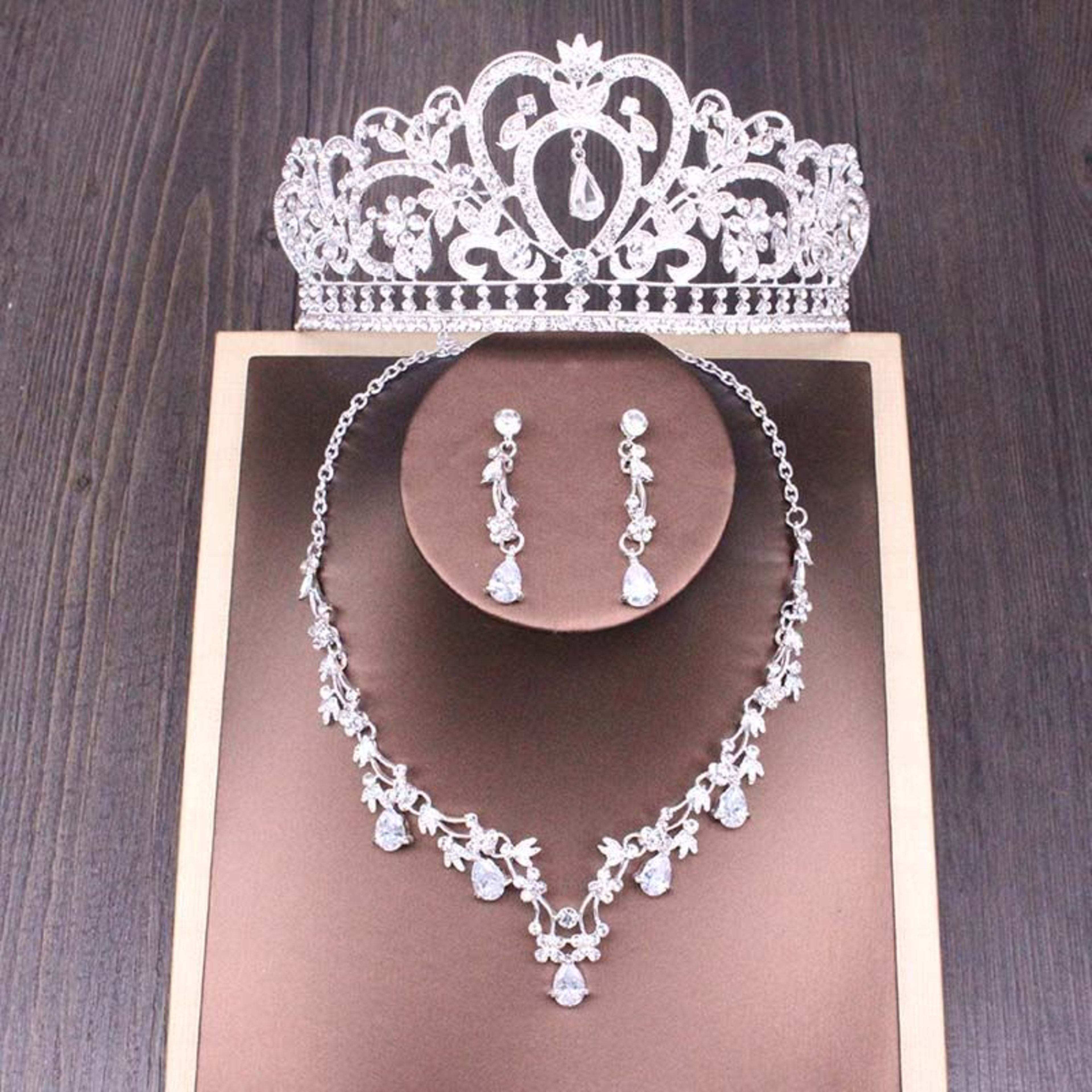 Bridal Rhinestone Crown Necklace Set Wedding Accessories 8