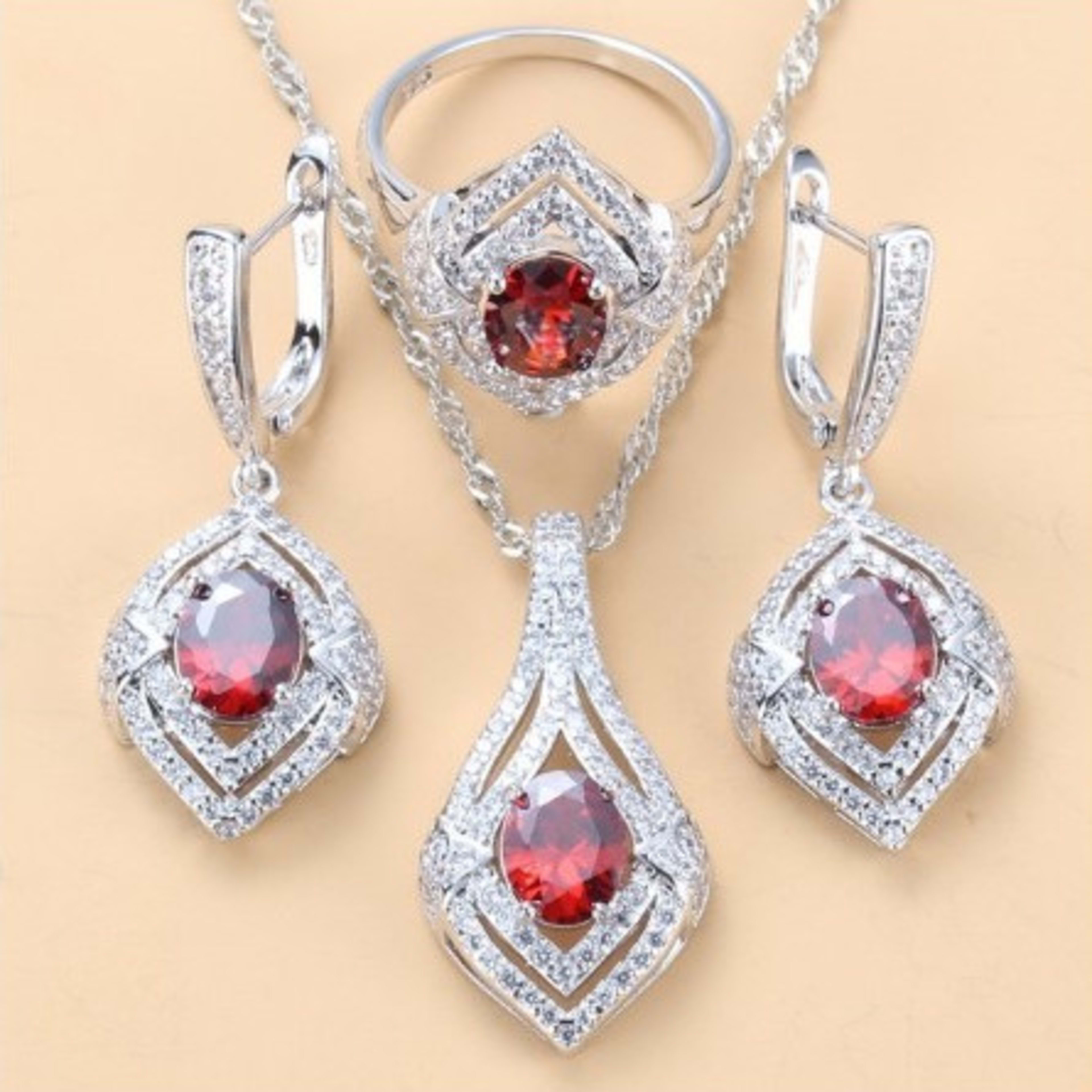 Gem-inlaid Pendant Earrings Necklace Ring Ladies Three-piece Set 3