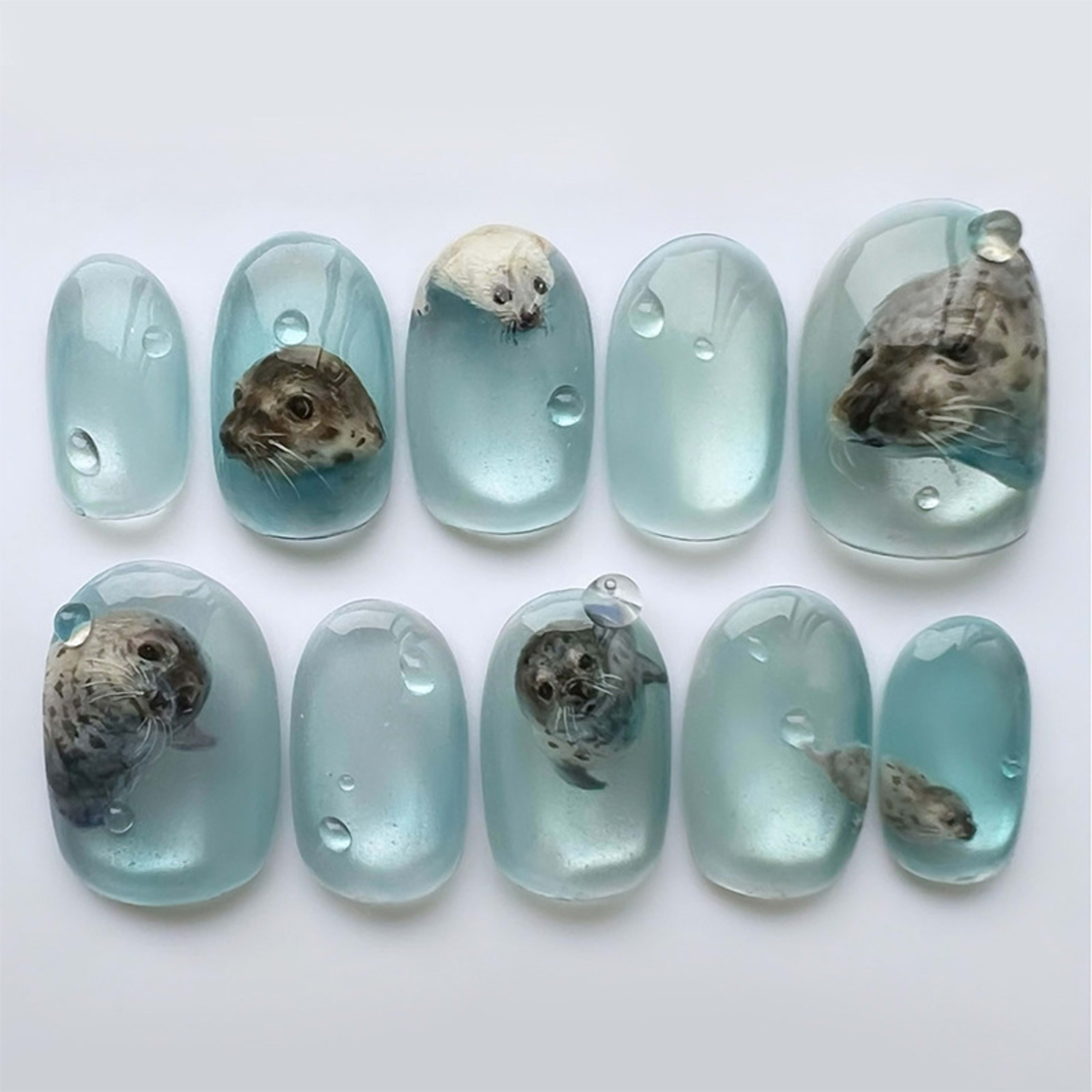 Oval Ocelot Cat-eye Ocean Blue Nail Tips For Wearable Nails 2