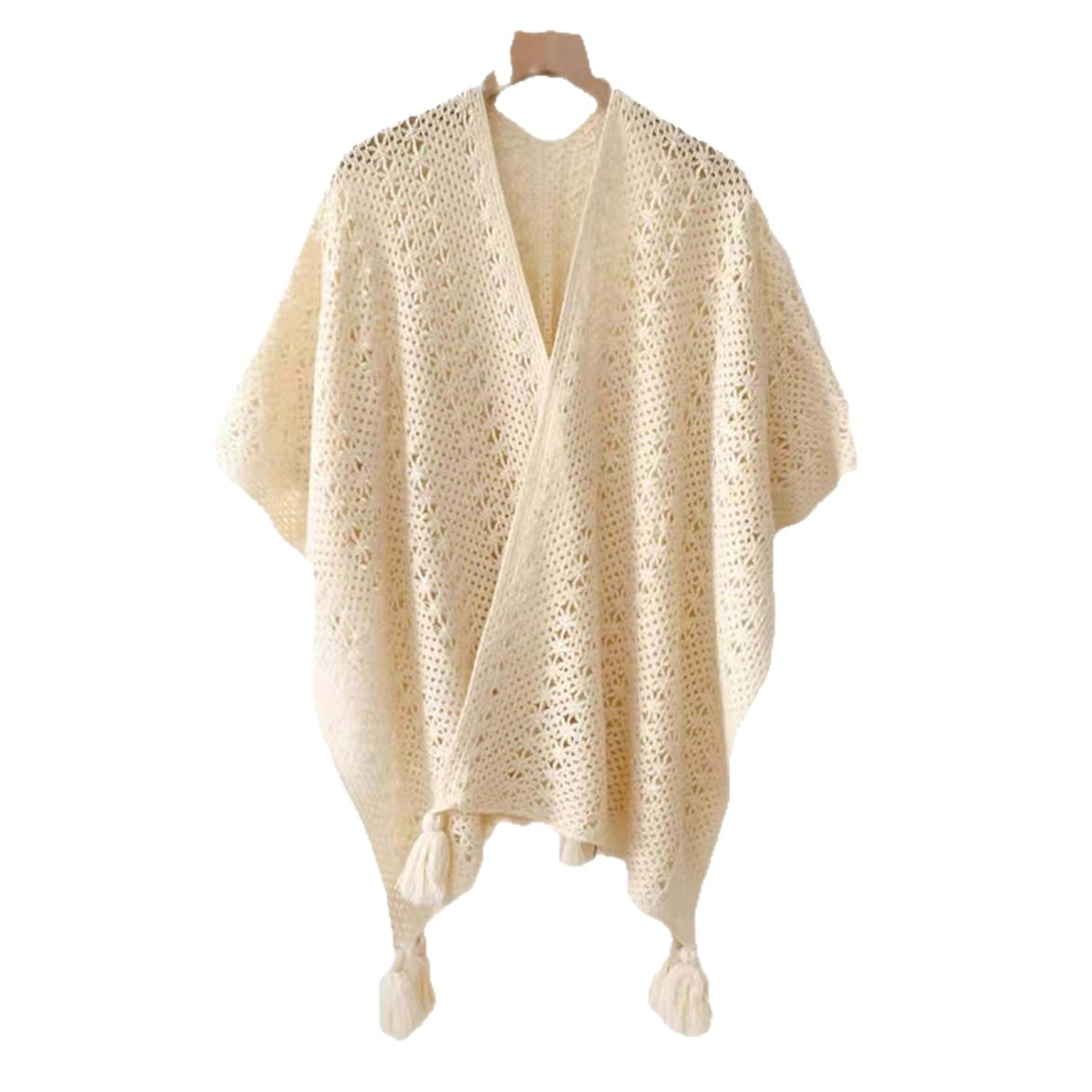 Womens Knitted Tassel-Trimmed Open-Front Cape For Photos 6
