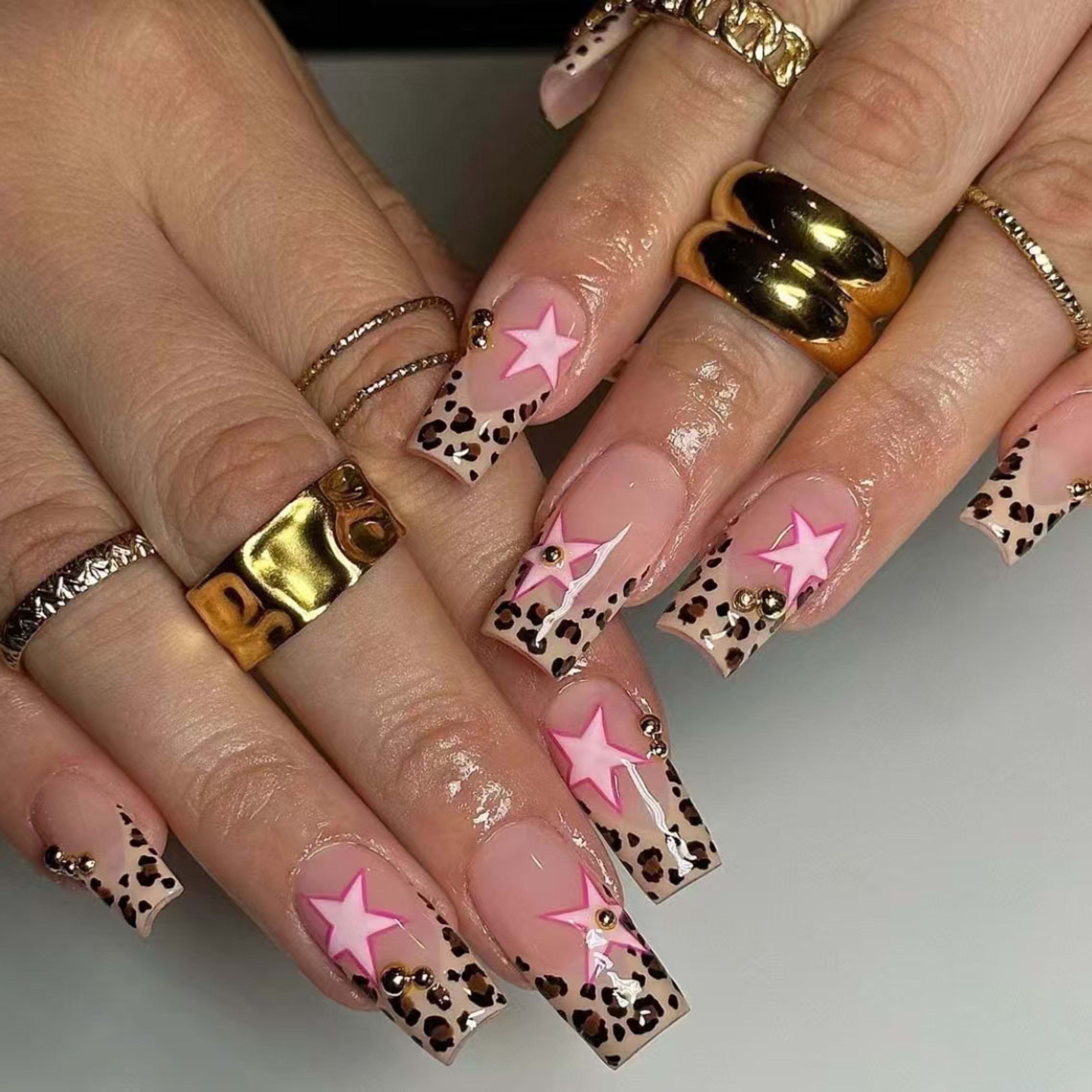 Wear Armor French Leopard Print Five-pointed Star With Pearl Diamond Wear Manicure 2