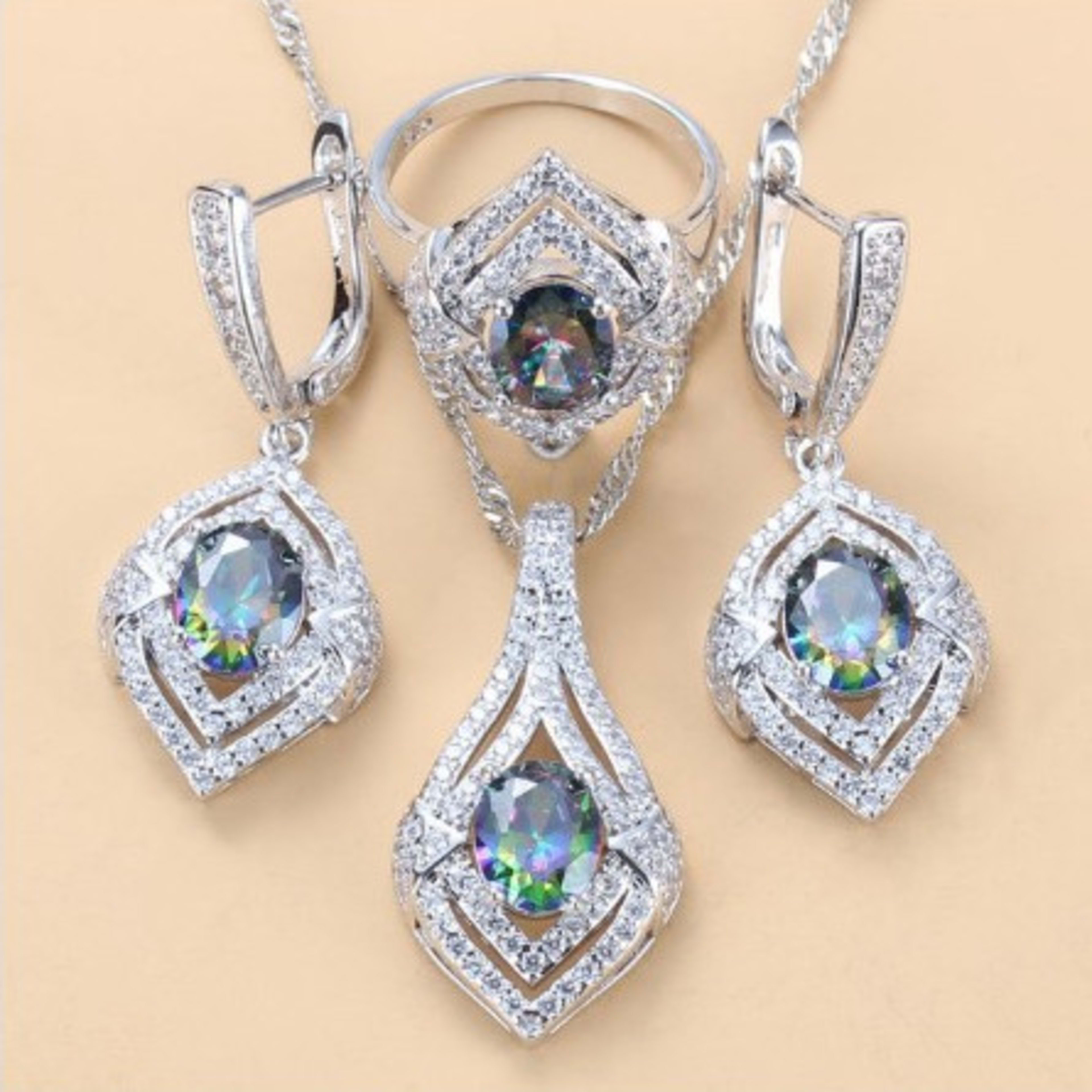 Gem-inlaid Pendant Earrings Necklace Ring Ladies Three-piece Set 8