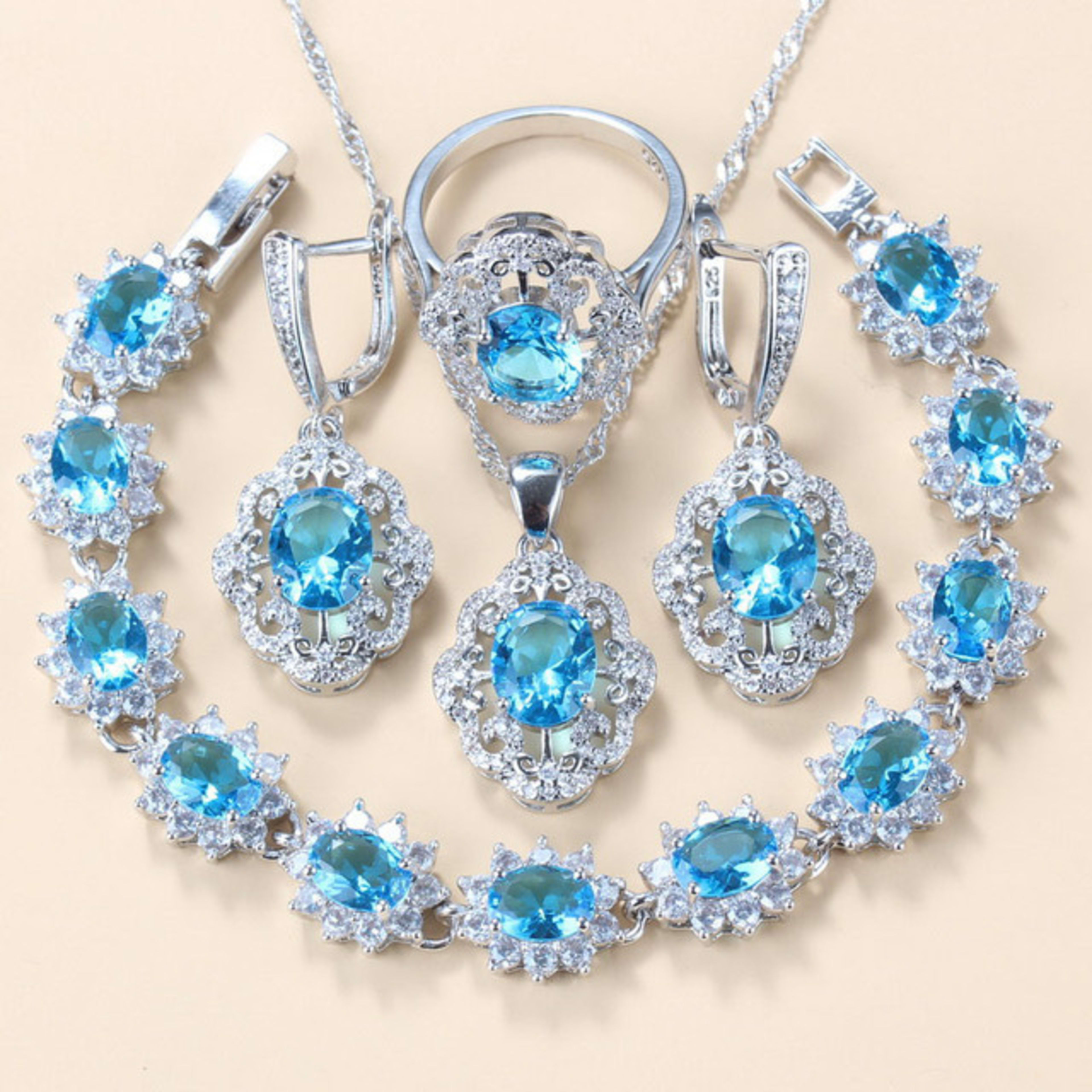 Garnet Cubic Zirconia Earrings Pendant Necklace Bracelet Ring Gift 4 PCs Set 9