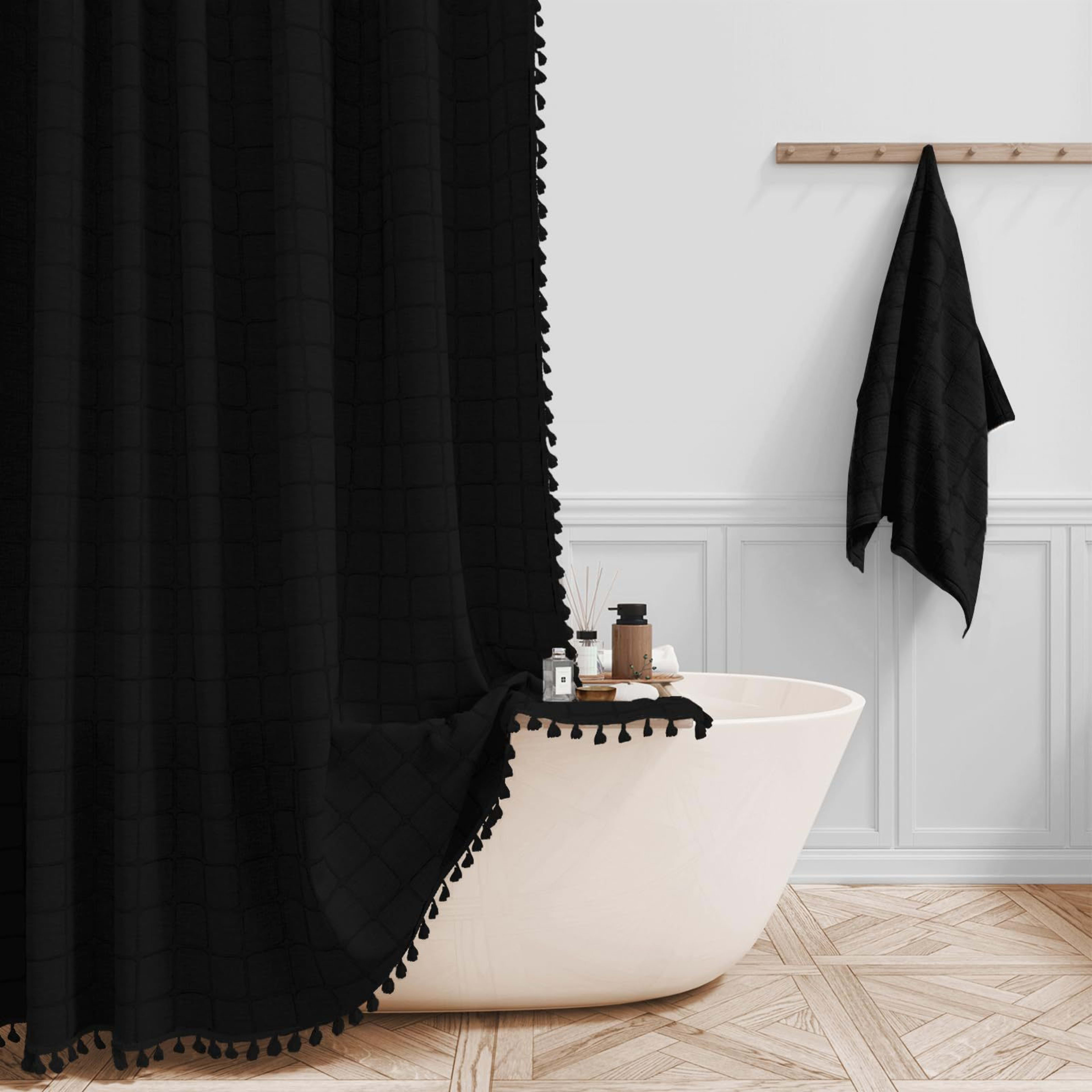Tencel-linen Checkered Tassel Bathroom Checkered Partition Curtain Waterproof Shower Curtain 15
