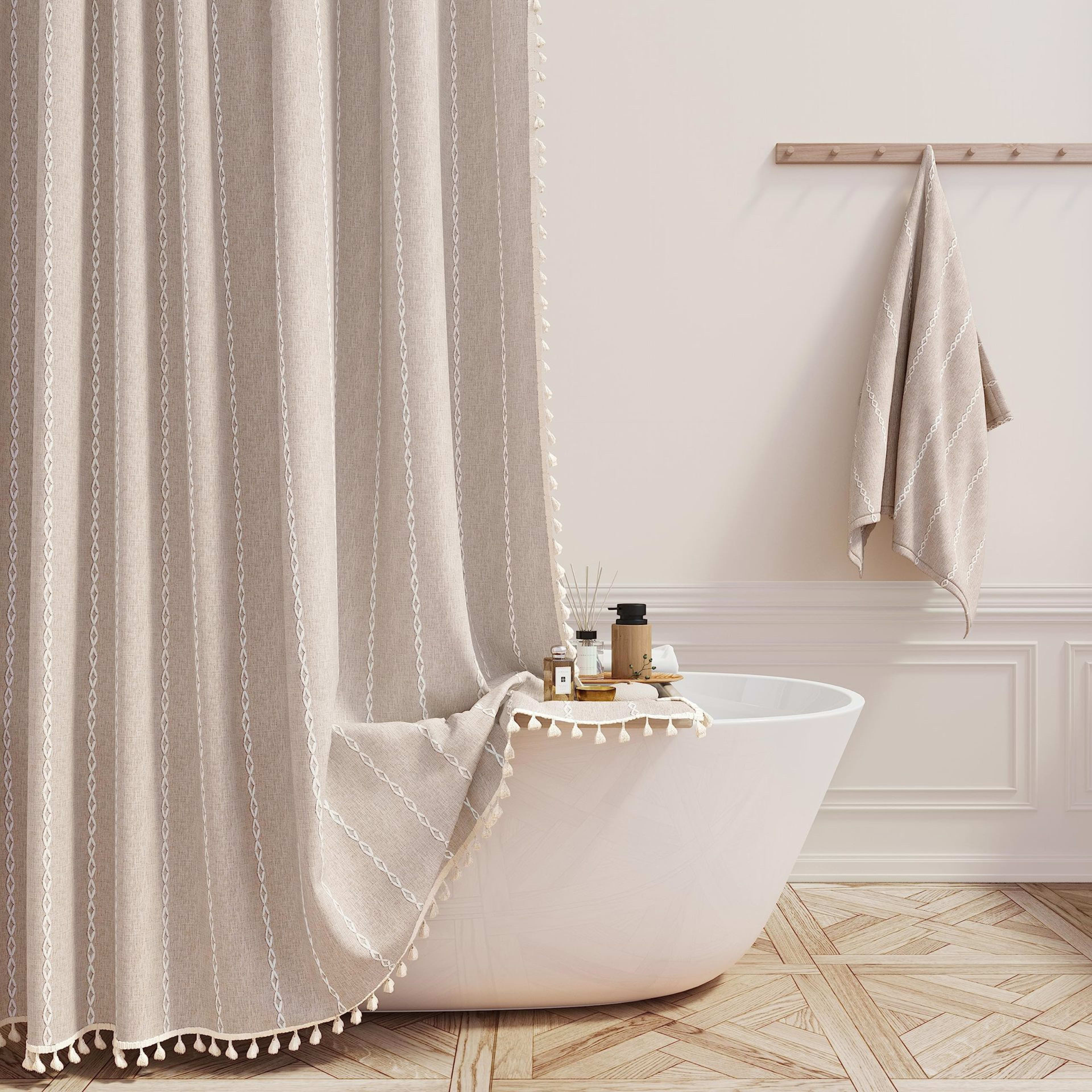 Tencel-linen Checkered Tassel Bathroom Checkered Partition Curtain Waterproof Shower Curtain 6