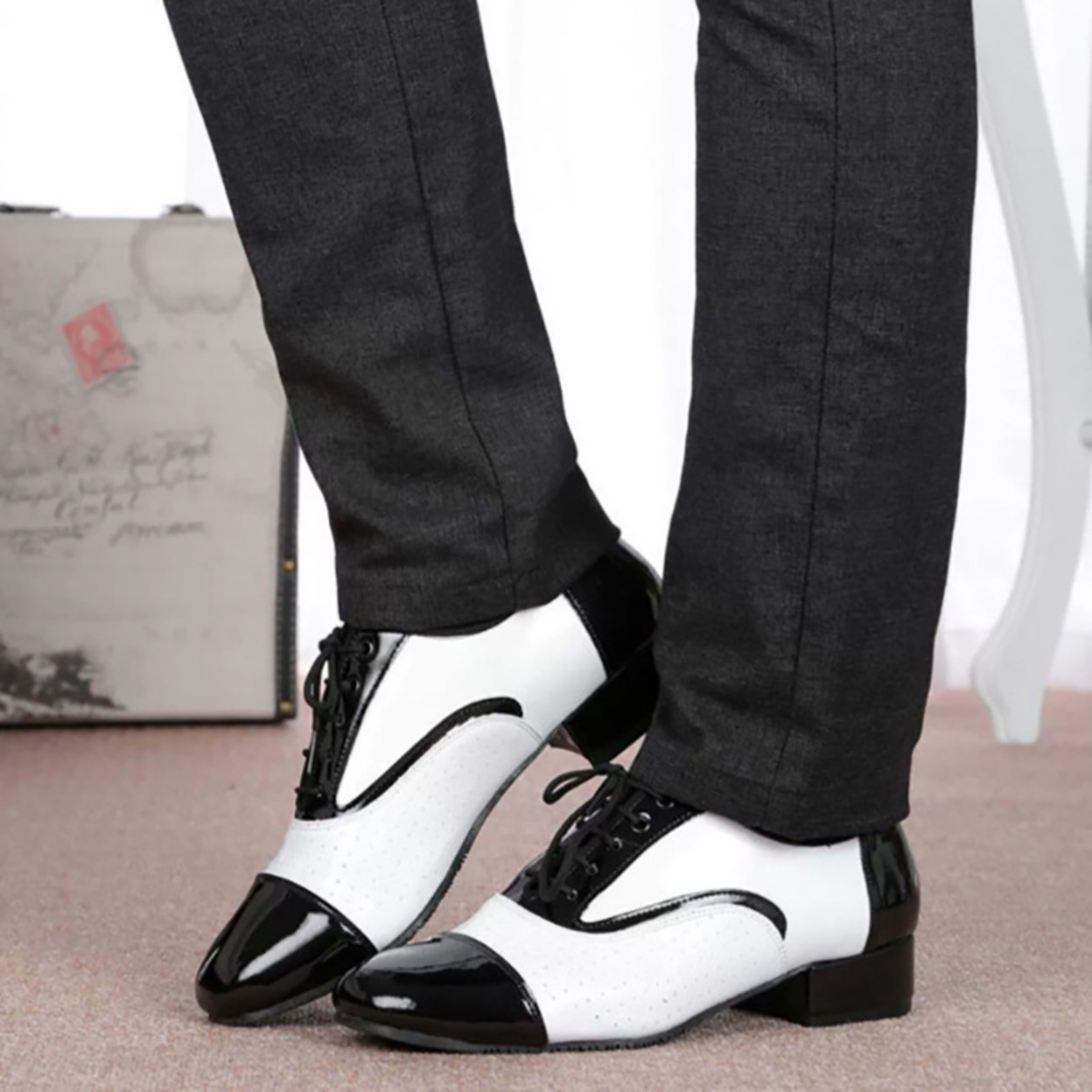 Latin Dance Shoes Men's Leather Black And White International Dancing Shoes 4