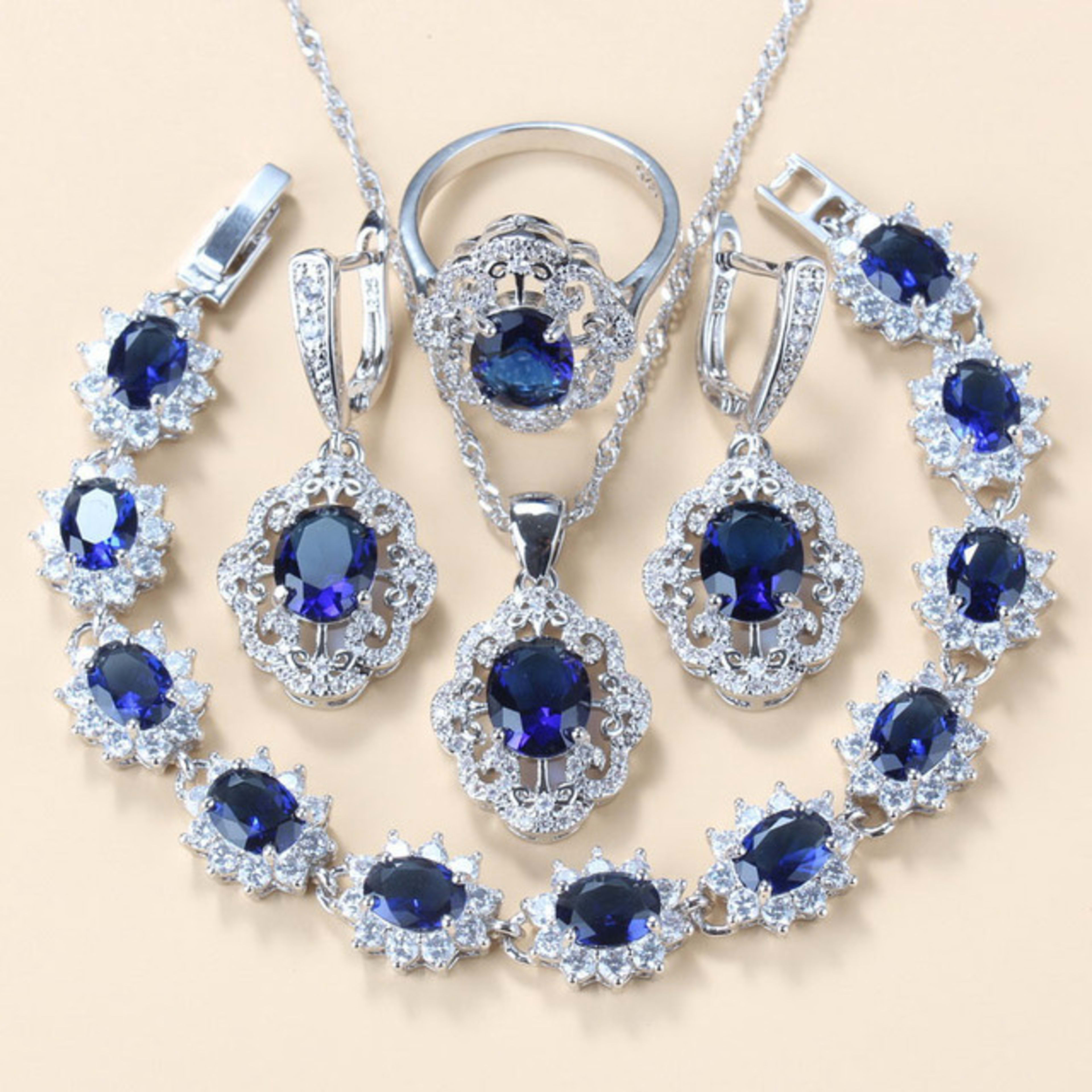 Garnet Cubic Zirconia Earrings Pendant Necklace Bracelet Ring Gift 4 PCs Set 7
