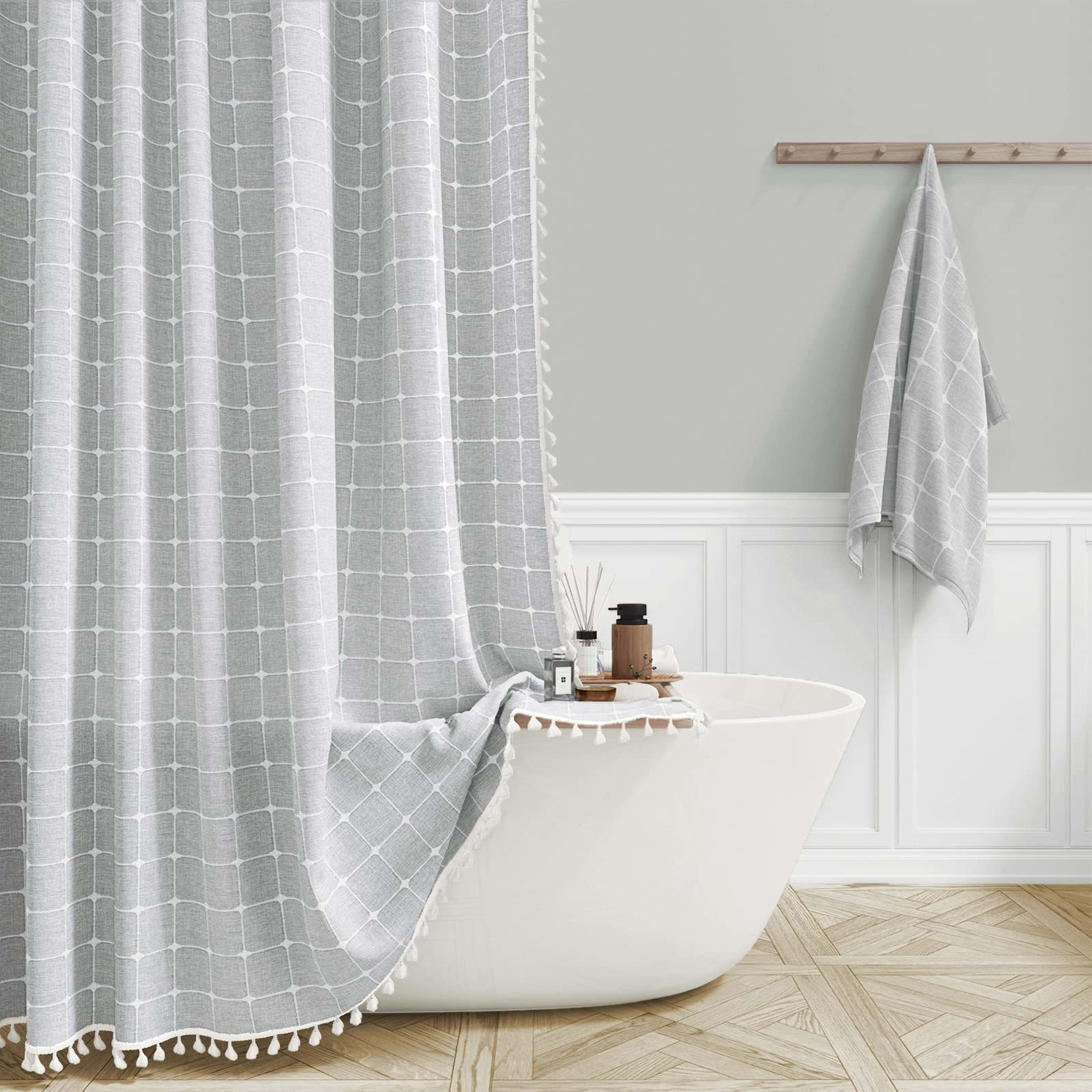 Tencel-linen Checkered Tassel Bathroom Checkered Partition Curtain Waterproof Shower Curtain 4