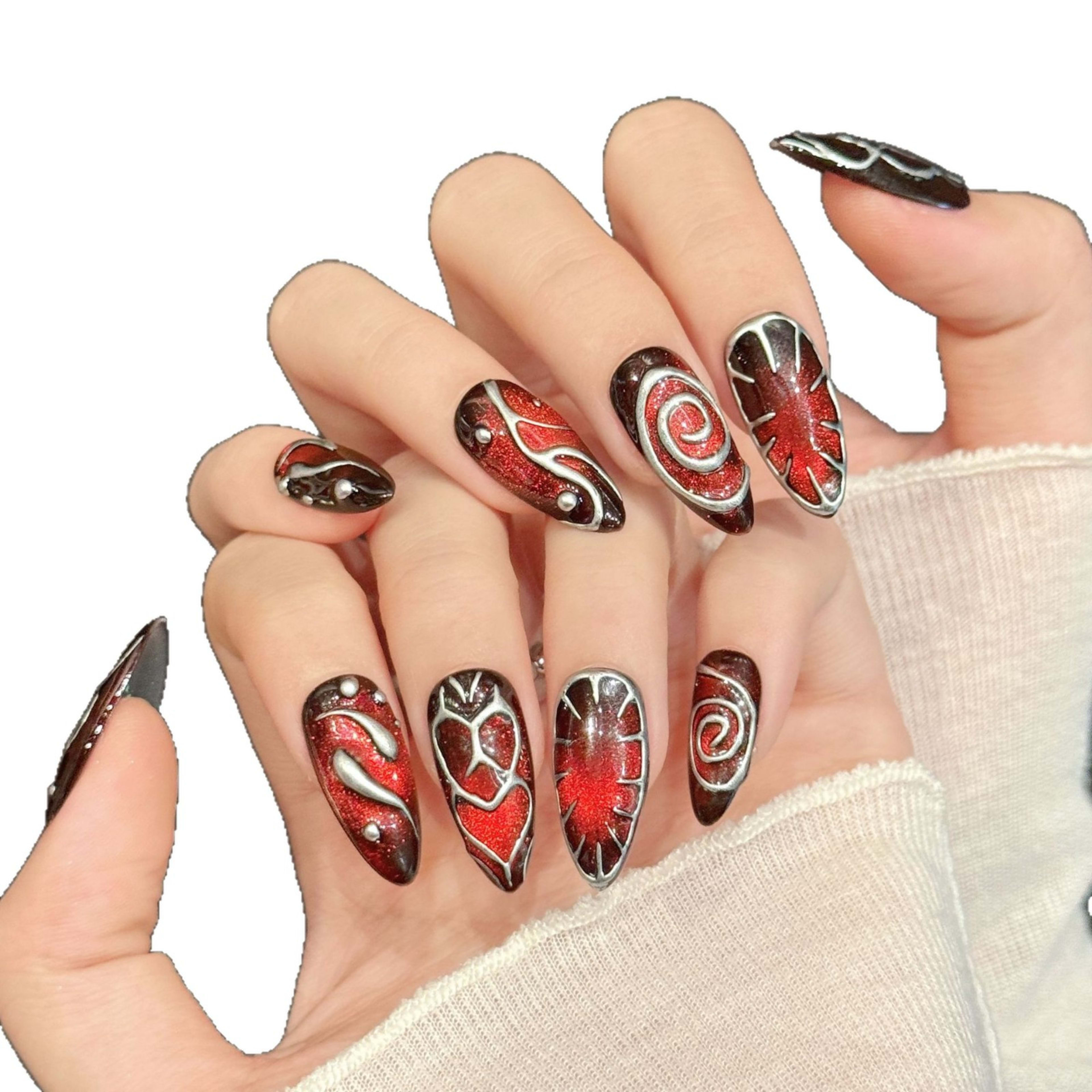 Red-brown Muted-vein 3D Nail Art Cool And Edgy Heart-patterned Trend Piece Handmade And Wearable 4