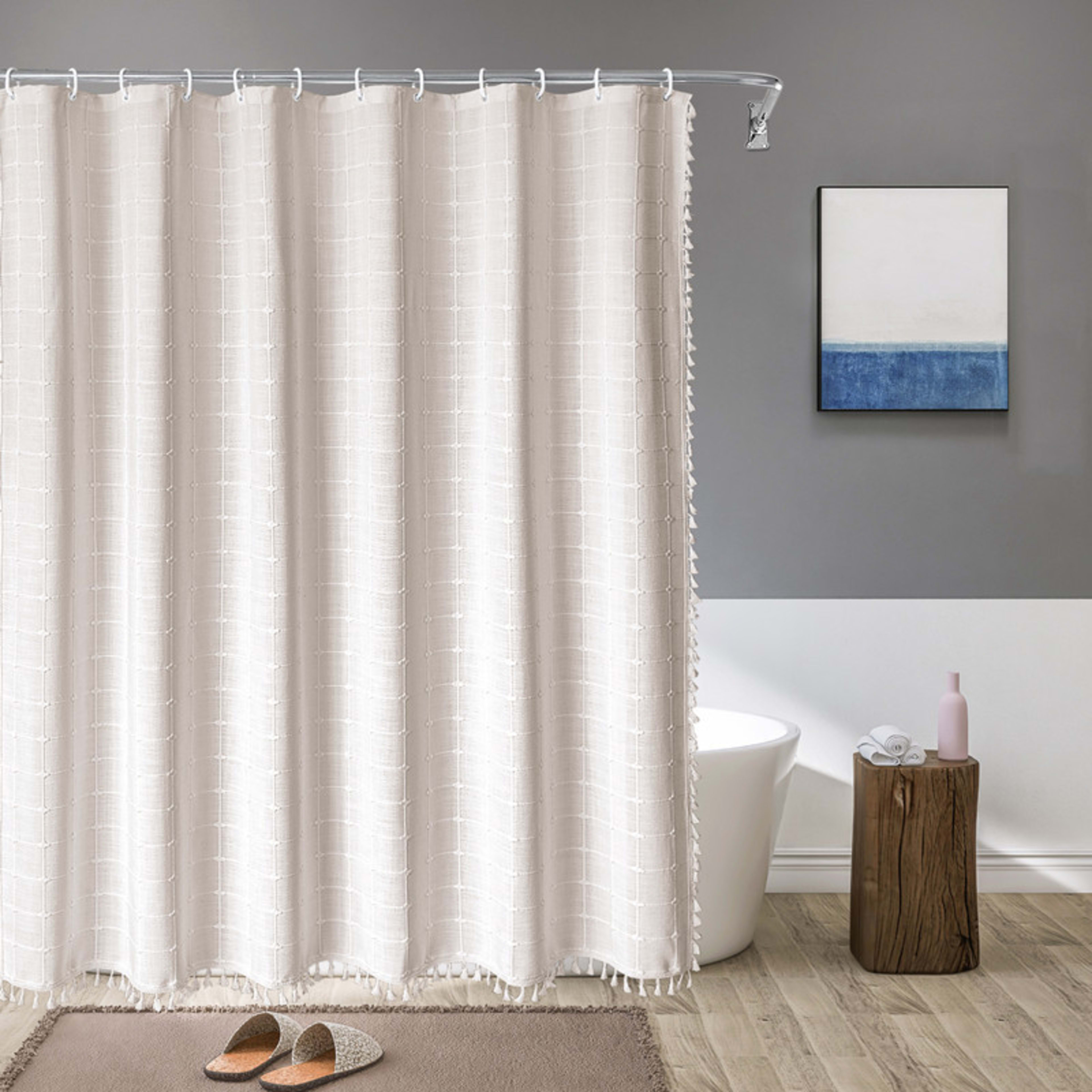 Tencel-linen Checkered Tassel Bathroom Checkered Partition Curtain Waterproof Shower Curtain 3