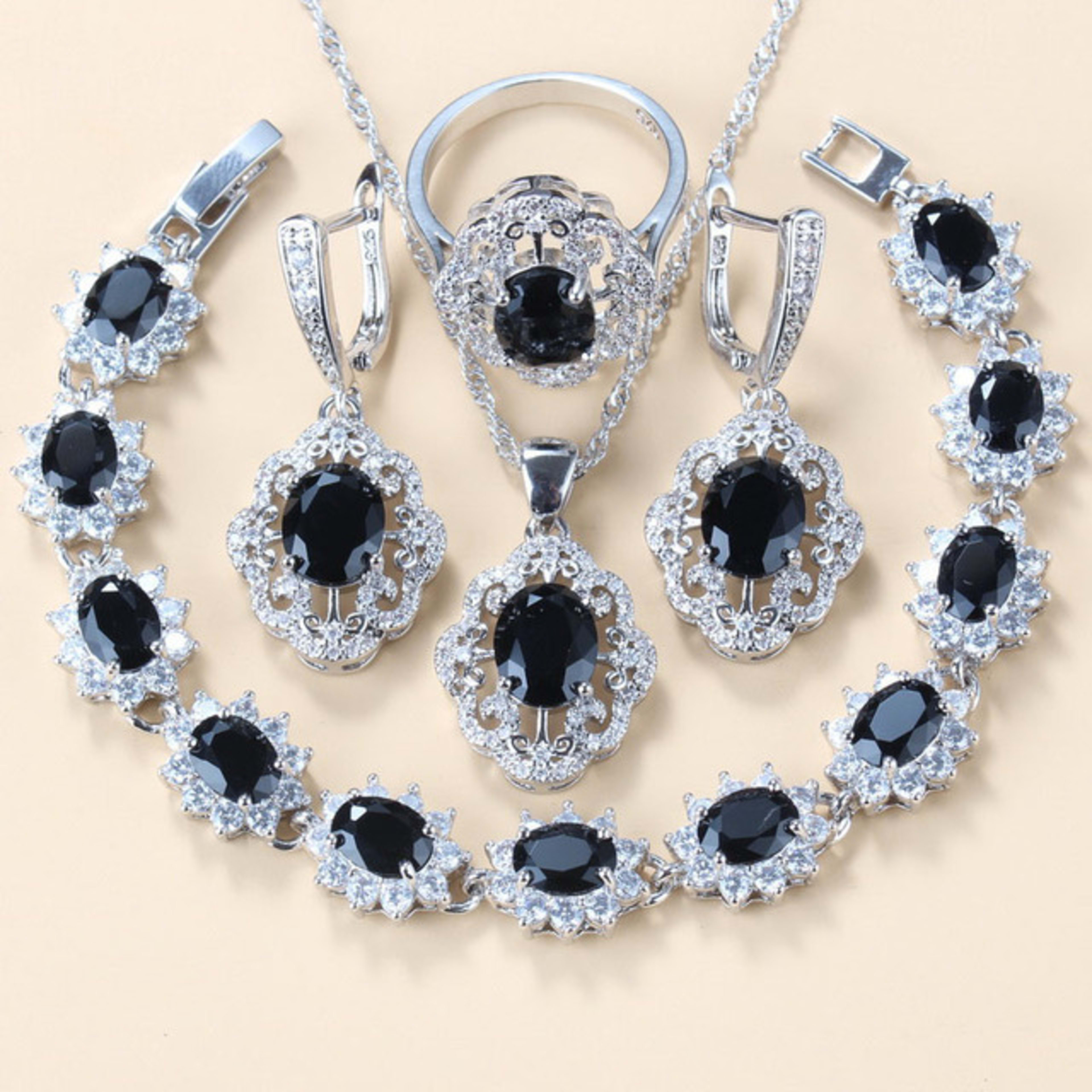 Garnet Cubic Zirconia Earrings Pendant Necklace Bracelet Ring Gift 4 PCs Set 8