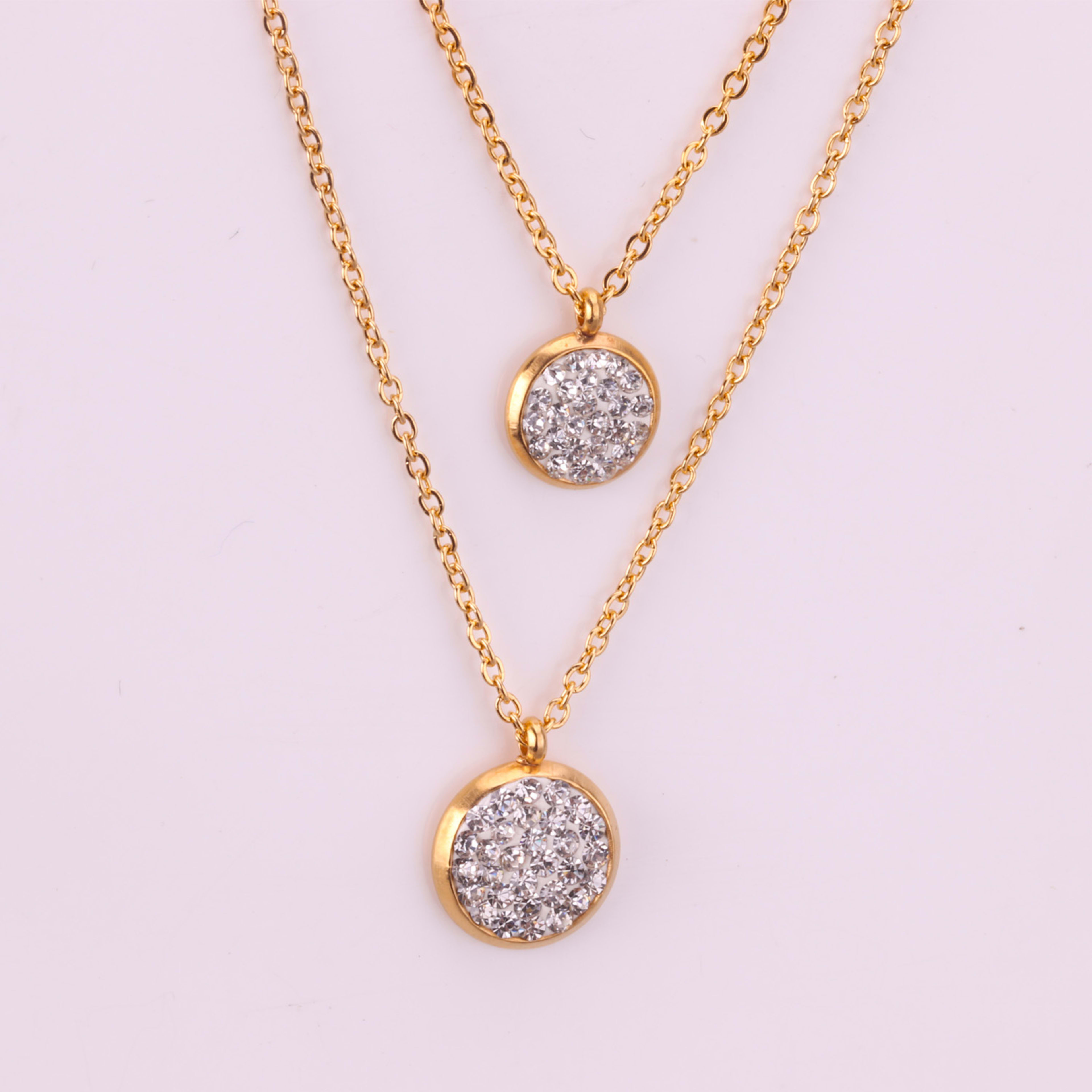 White Mud Pendant Double Chain Gold Stainless Steel Jewelry Set For Women 5