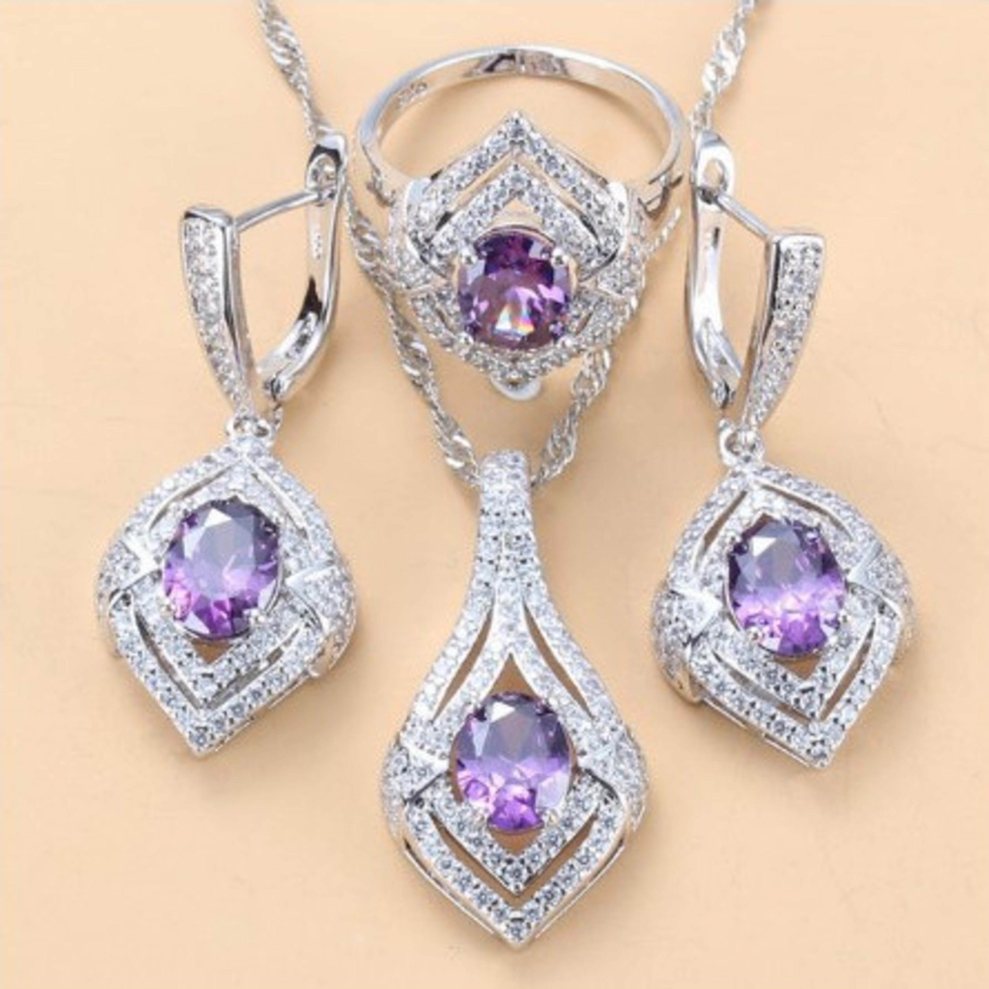 Gem-inlaid Pendant Earrings Necklace Ring Ladies Three-piece Set 2