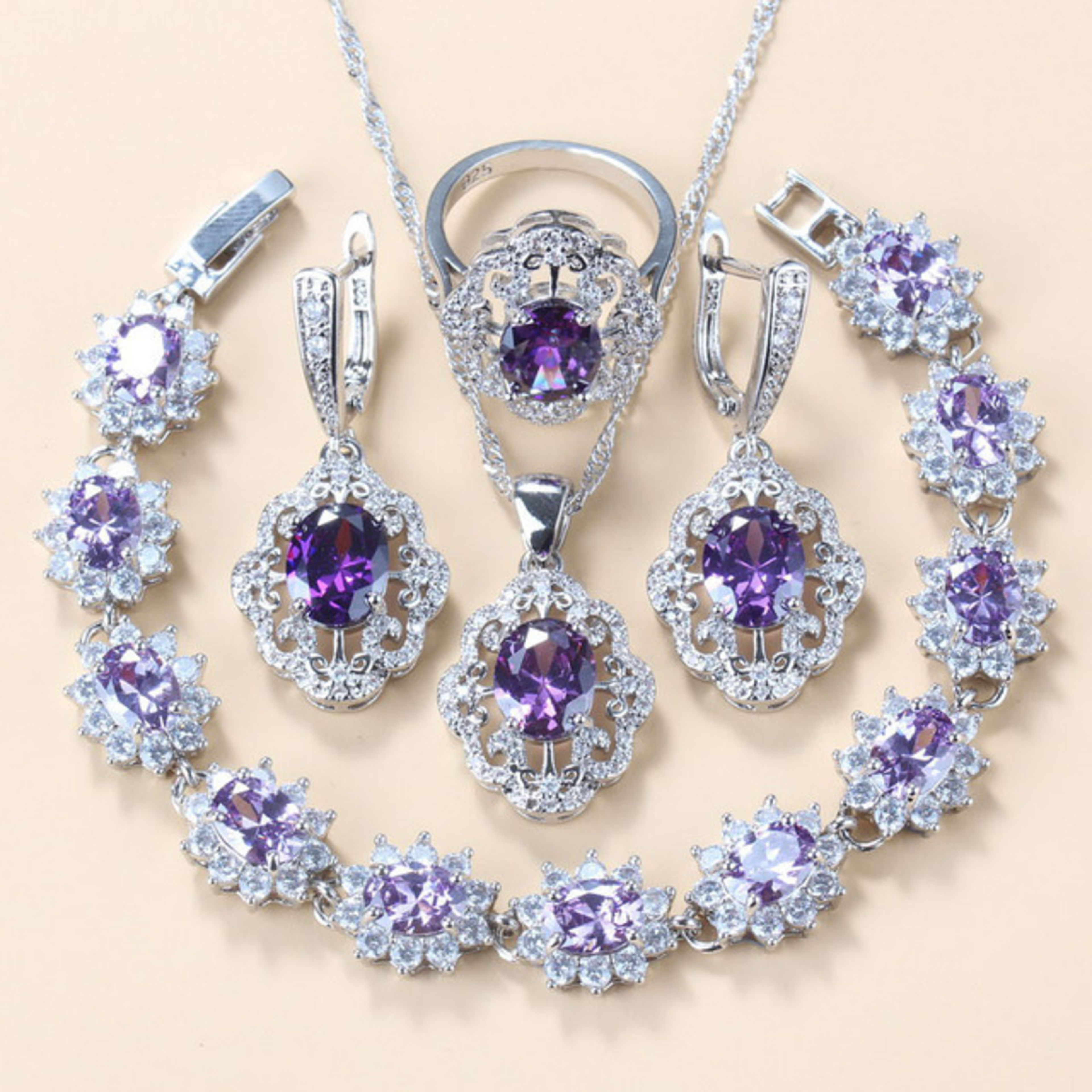 Garnet Cubic Zirconia Earrings Pendant Necklace Bracelet Ring Gift 4 PCs Set