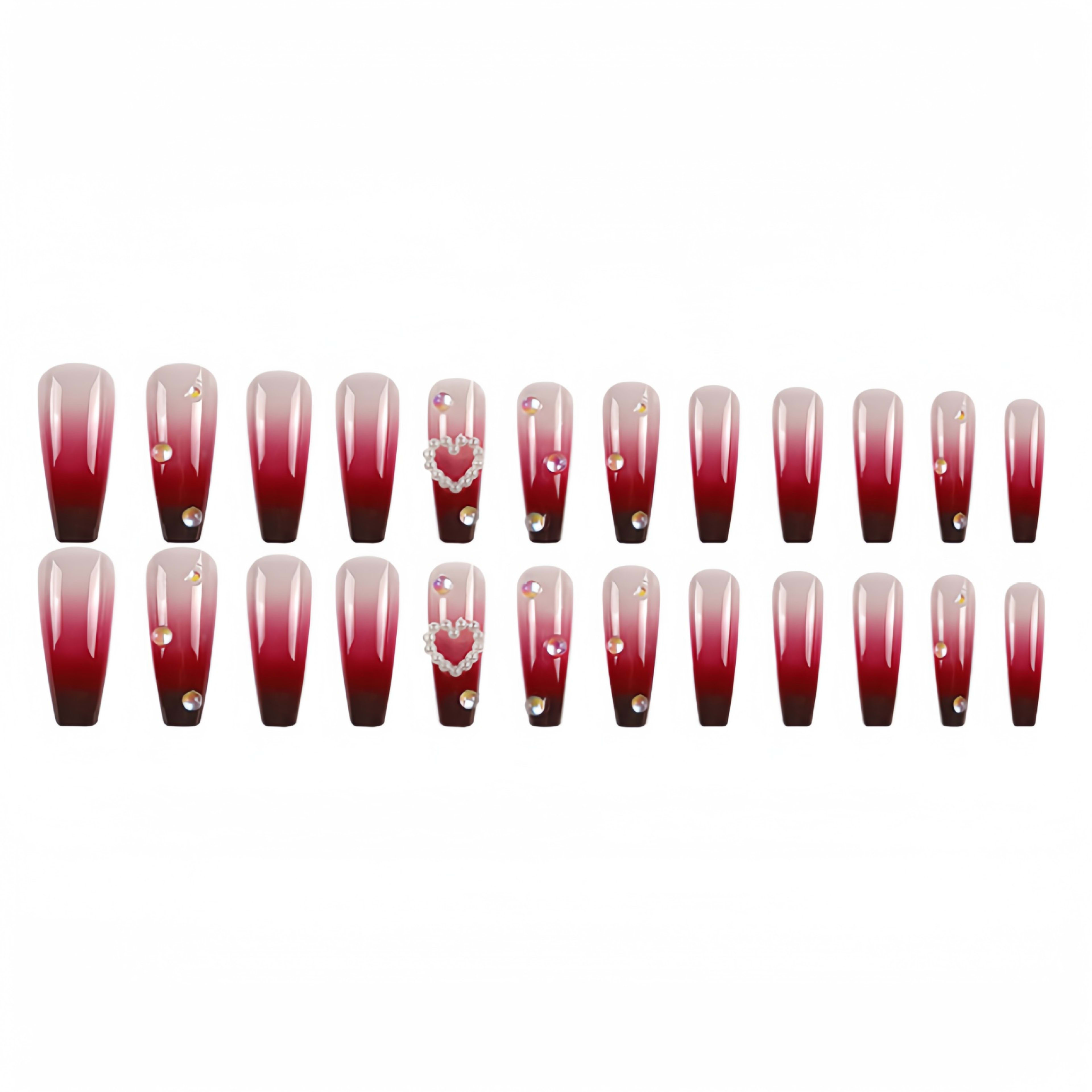 Pearl Heart Wine Red Gradient Wear Fake Nail Tip 5