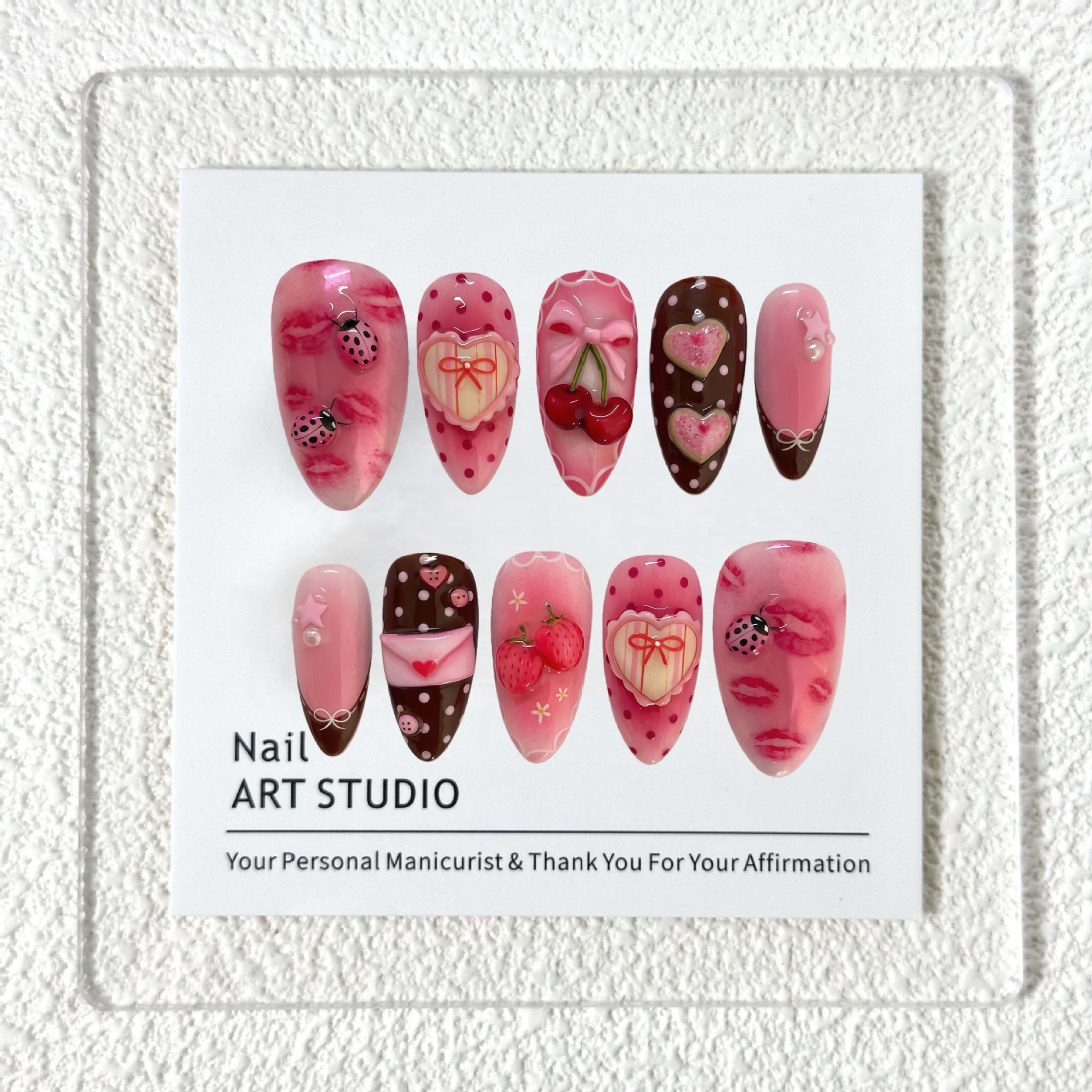 Sweet Heart-Shaped Strawberry Polka-Dot Envelope Wearable Nail Tips 3