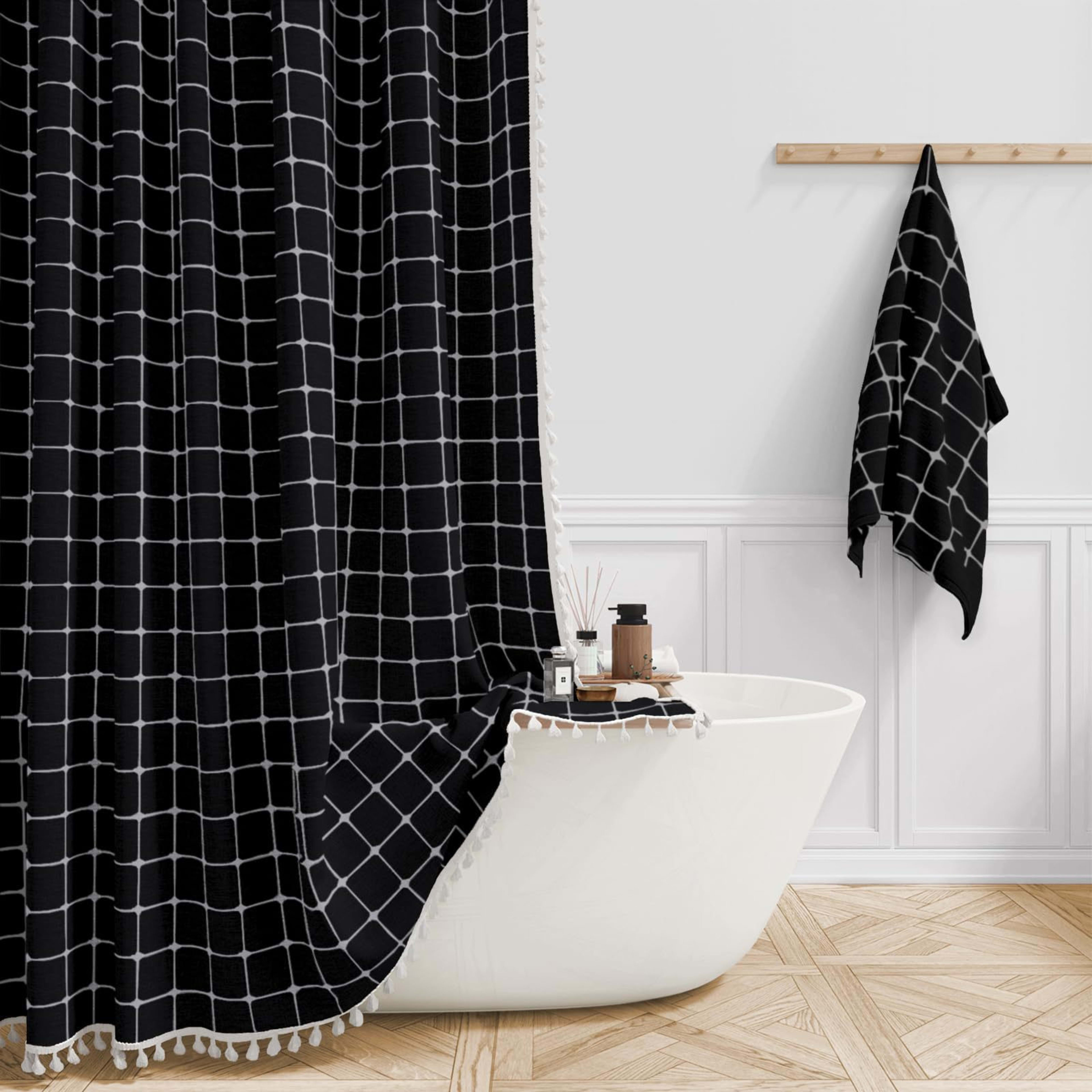Tencel-linen Checkered Tassel Bathroom Checkered Partition Curtain Waterproof Shower Curtain 11