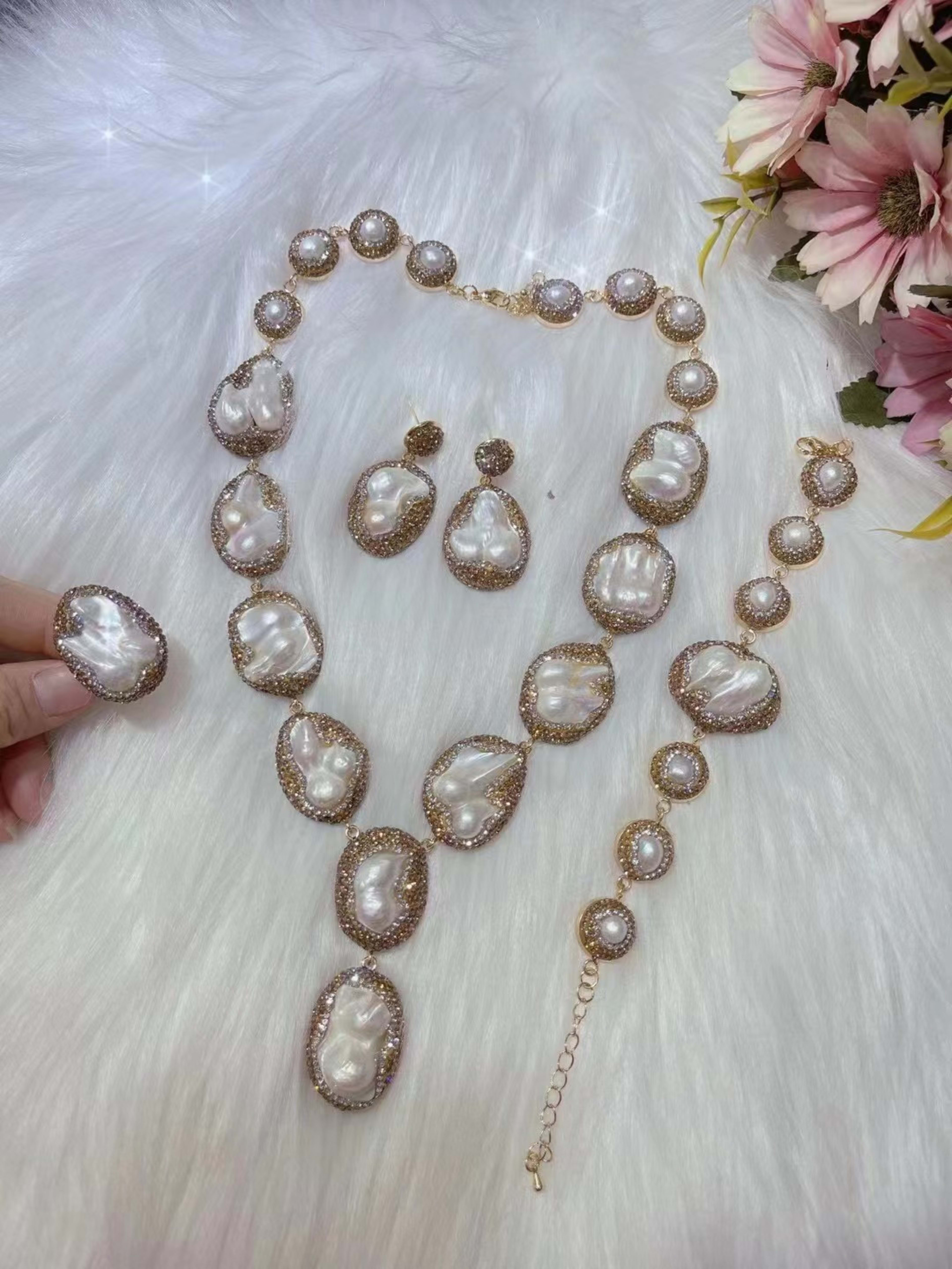 Pearl Necklace Ring Suit Bride Ornament 5