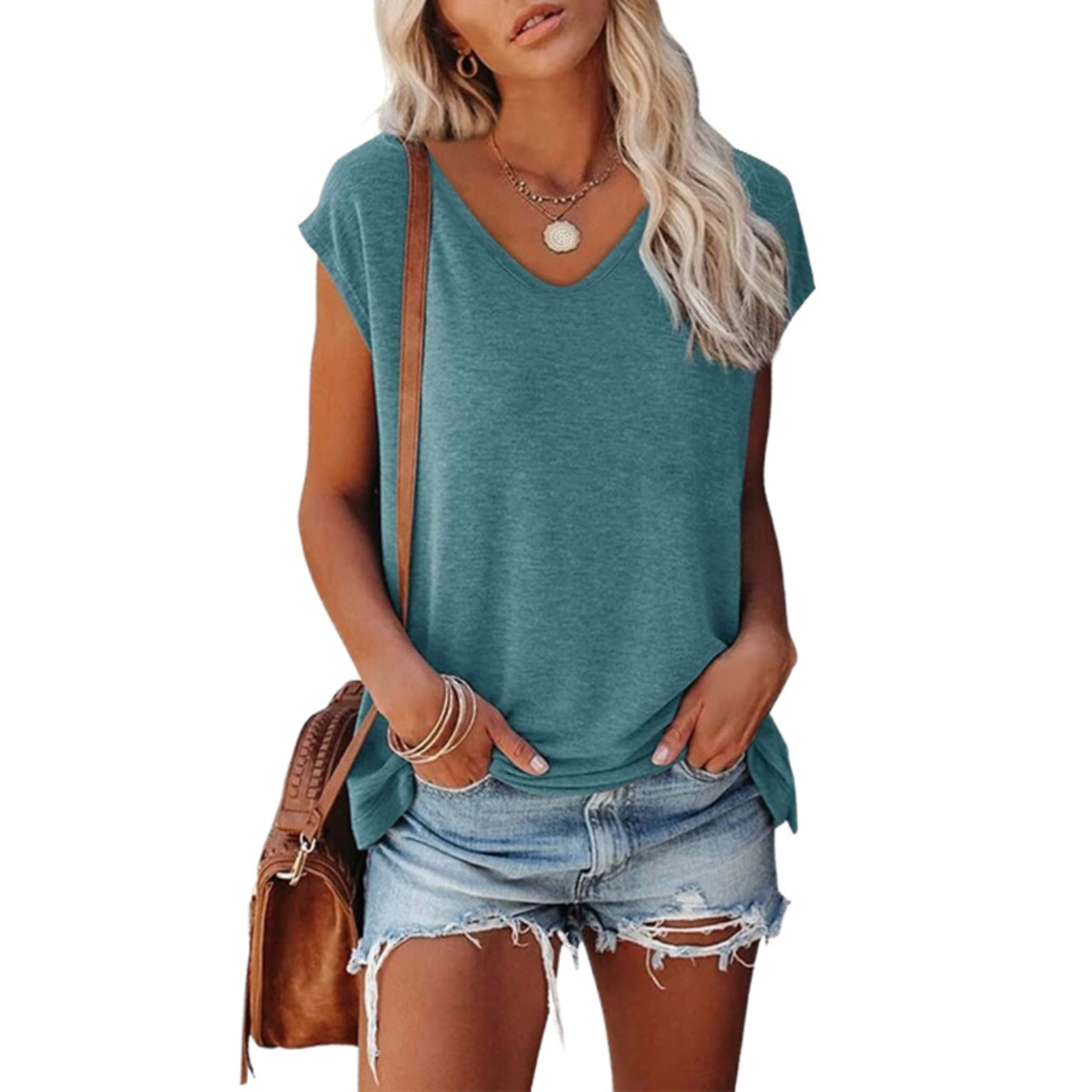 V-Neck Solid Loose Short-Sleeve Top 3
