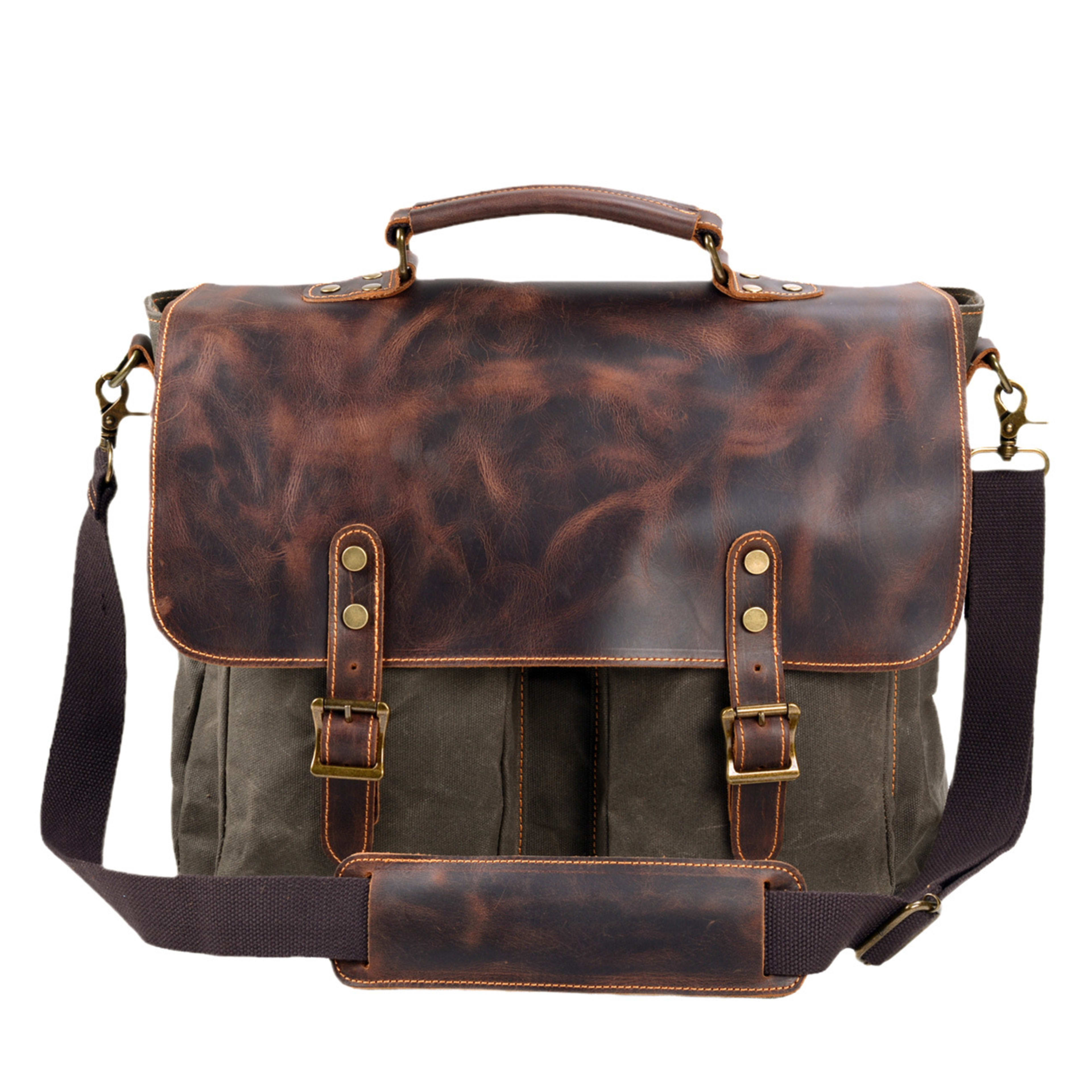 Waterproof Canvas Stitching Leather Briefcase Handbag 4