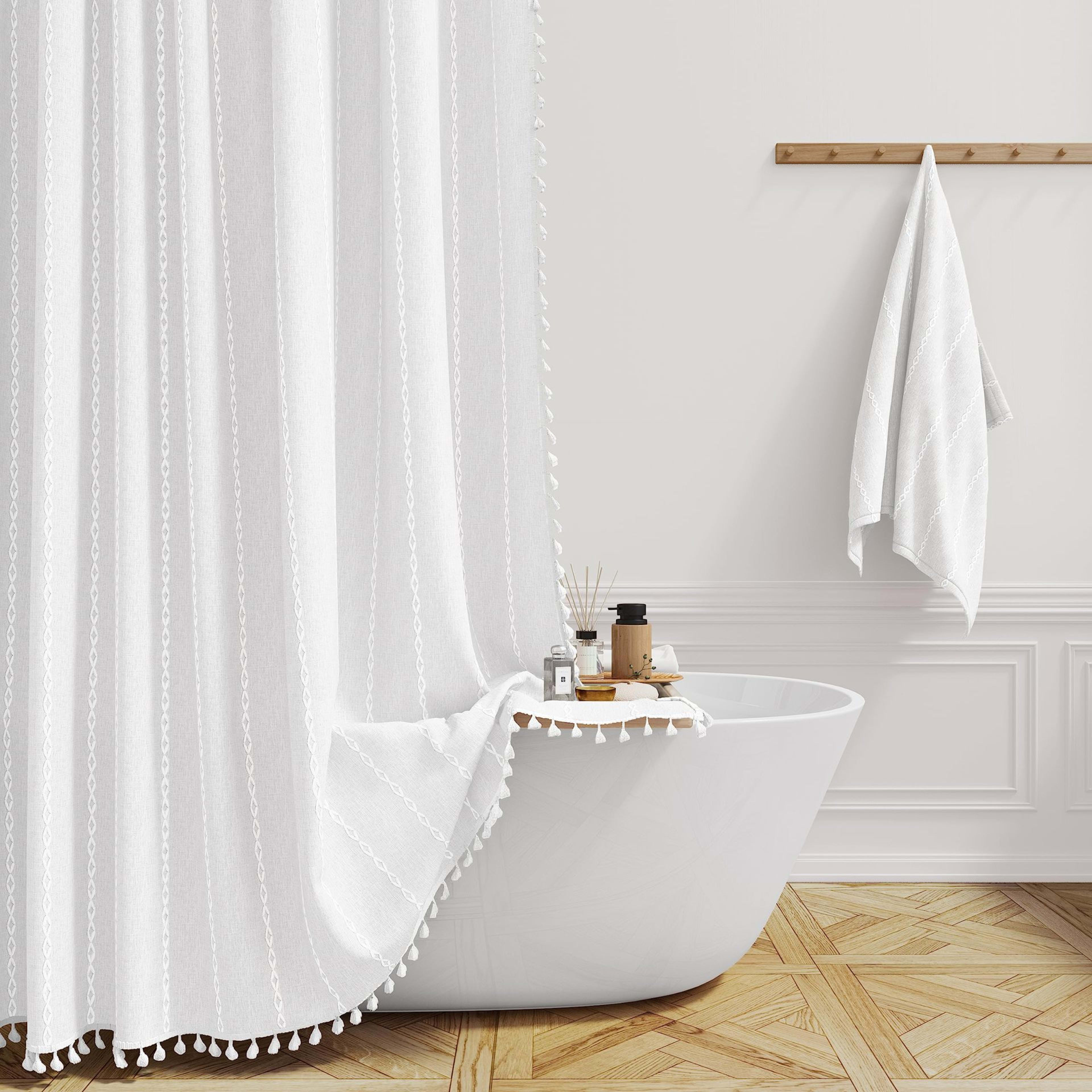 Tencel-linen Checkered Tassel Bathroom Checkered Partition Curtain Waterproof Shower Curtain 9