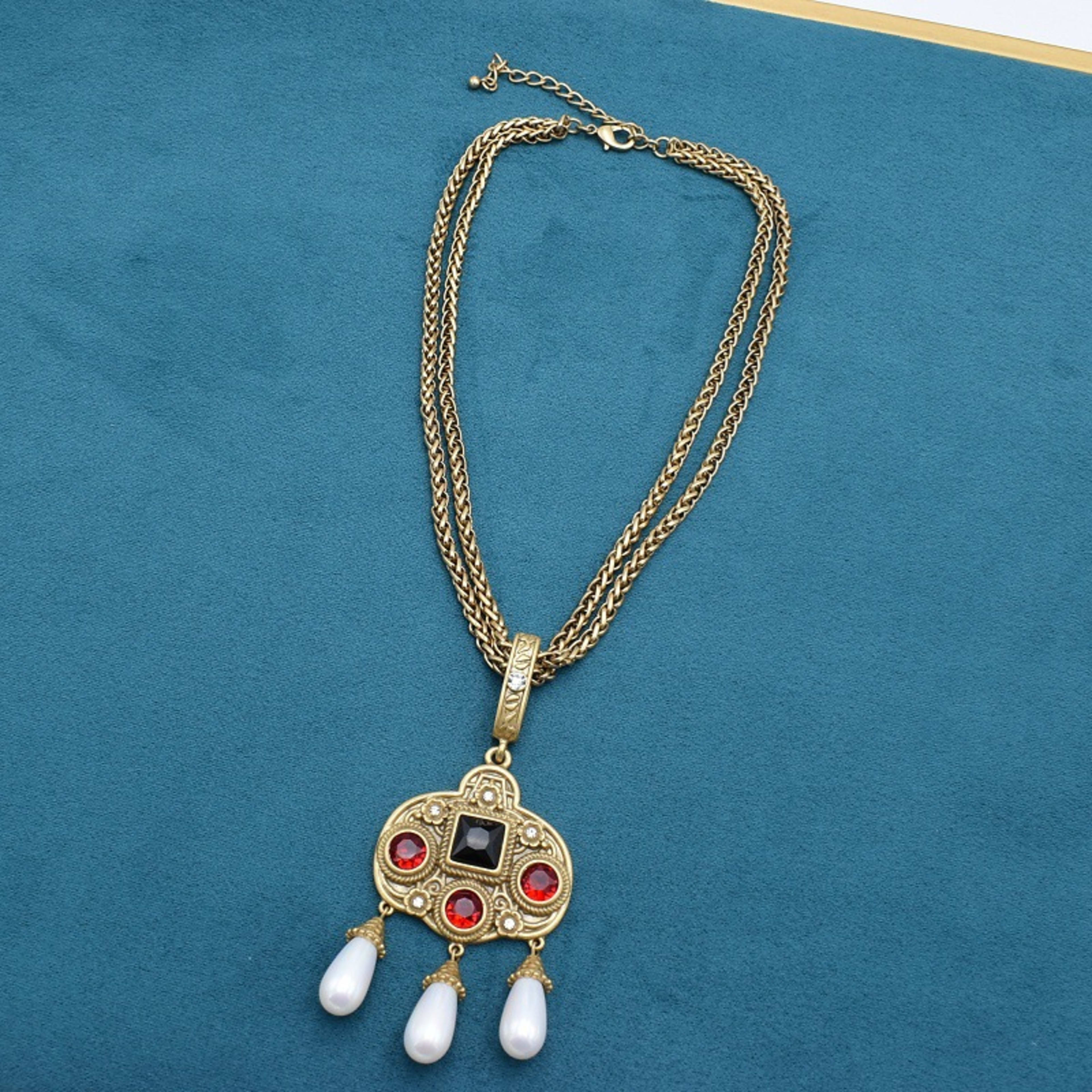 Vintage Glass Inlaid Tassel Pearl Necklace Ear Stud 3