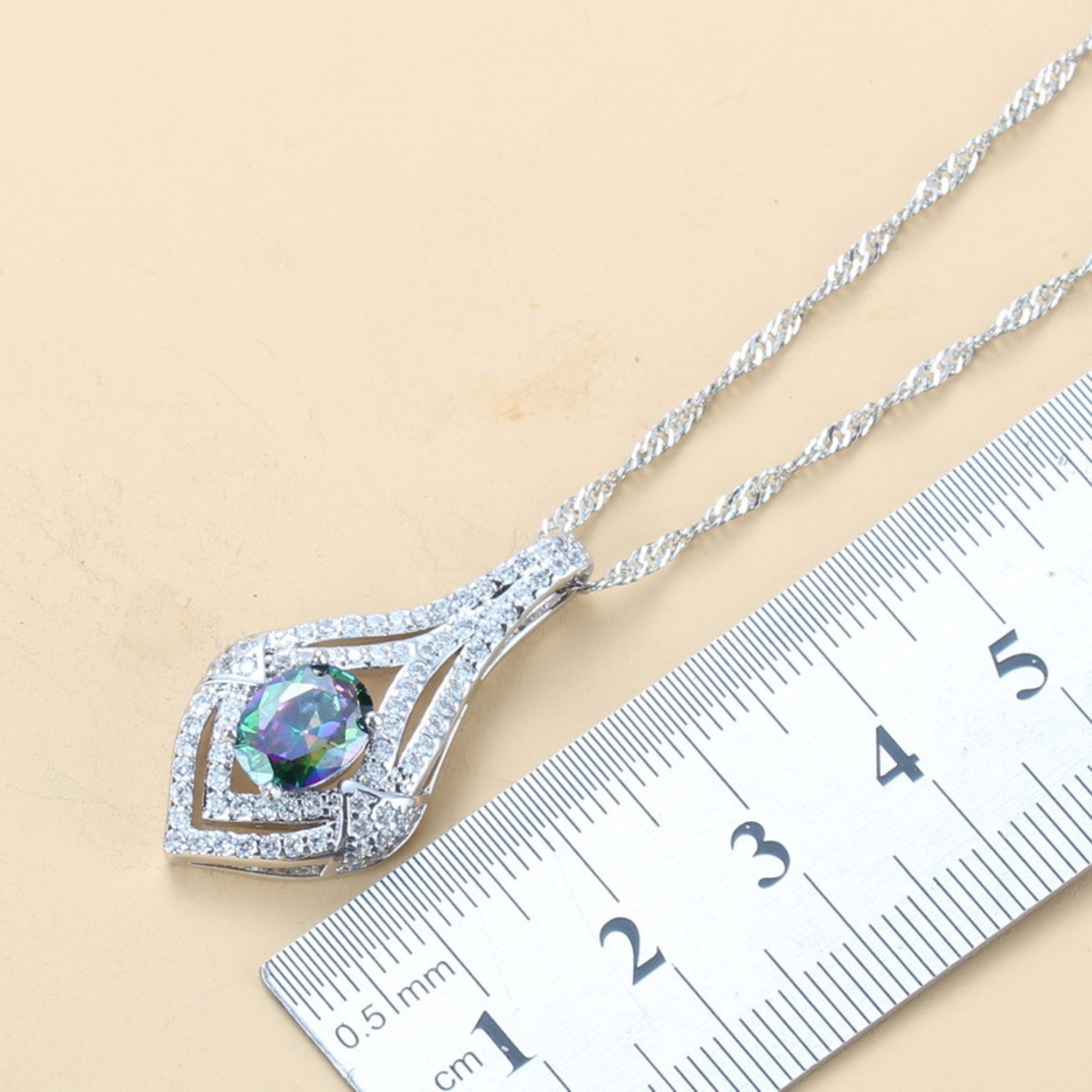 Inlaid Gemstone Pendant Earrings Necklace And Ring For Women 4 PCs Set 3