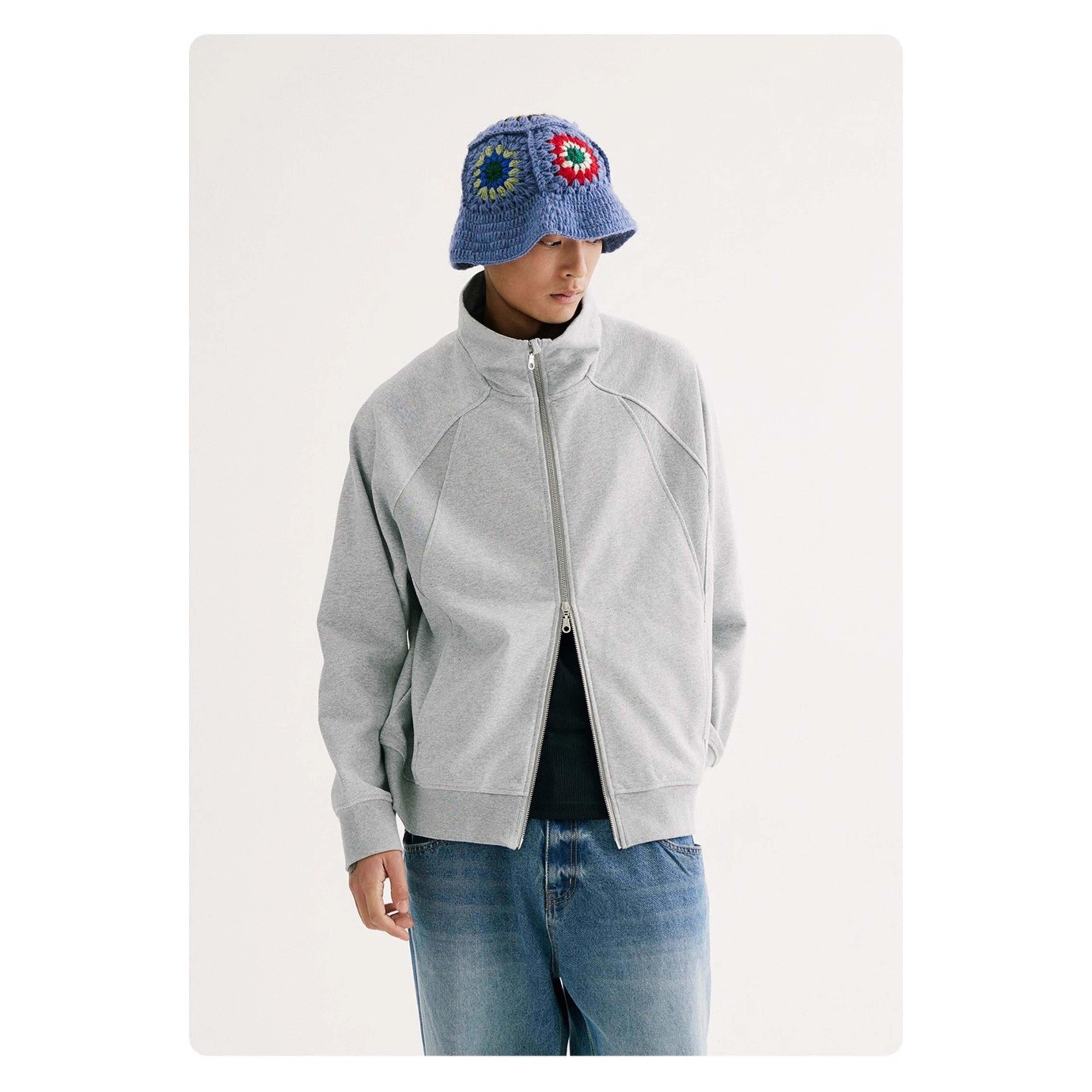 Retro Solid-color Curved-cut Stand-collar Zip-up Hoodie 5