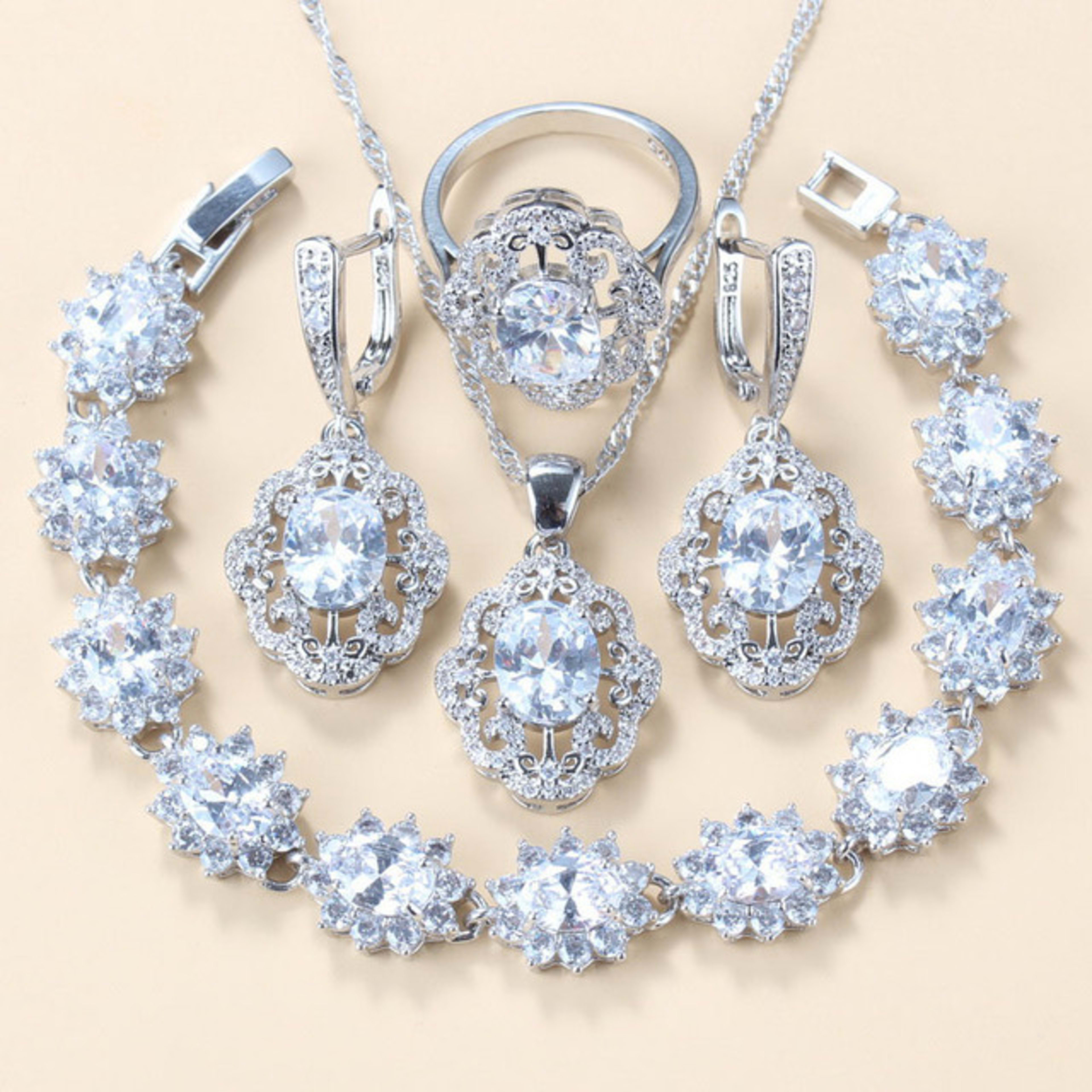 Garnet Cubic Zirconia Earrings Pendant Necklace Bracelet Ring Gift 4 PCs Set 11