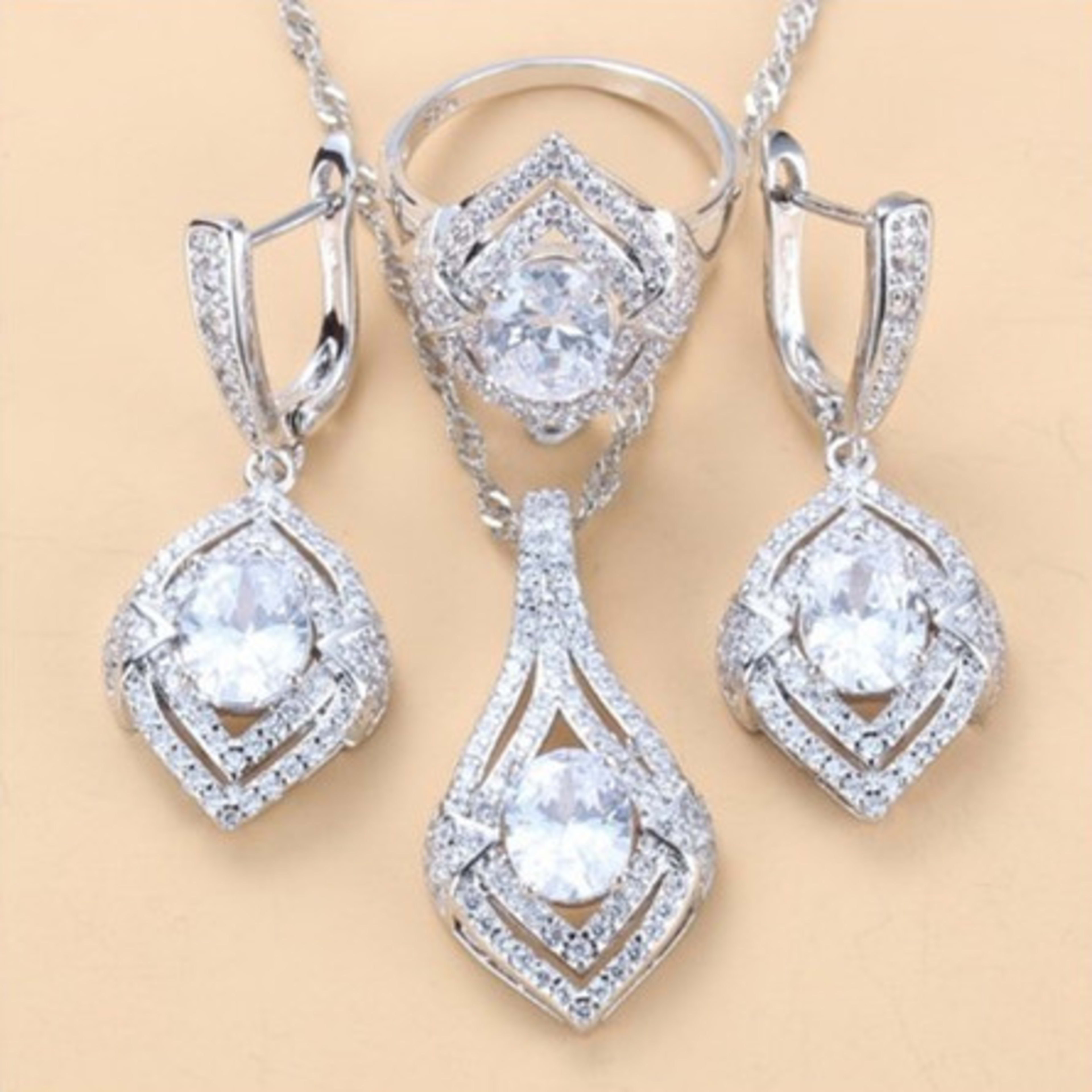 Gem-inlaid Pendant Earrings Necklace Ring Ladies Three-piece Set 9