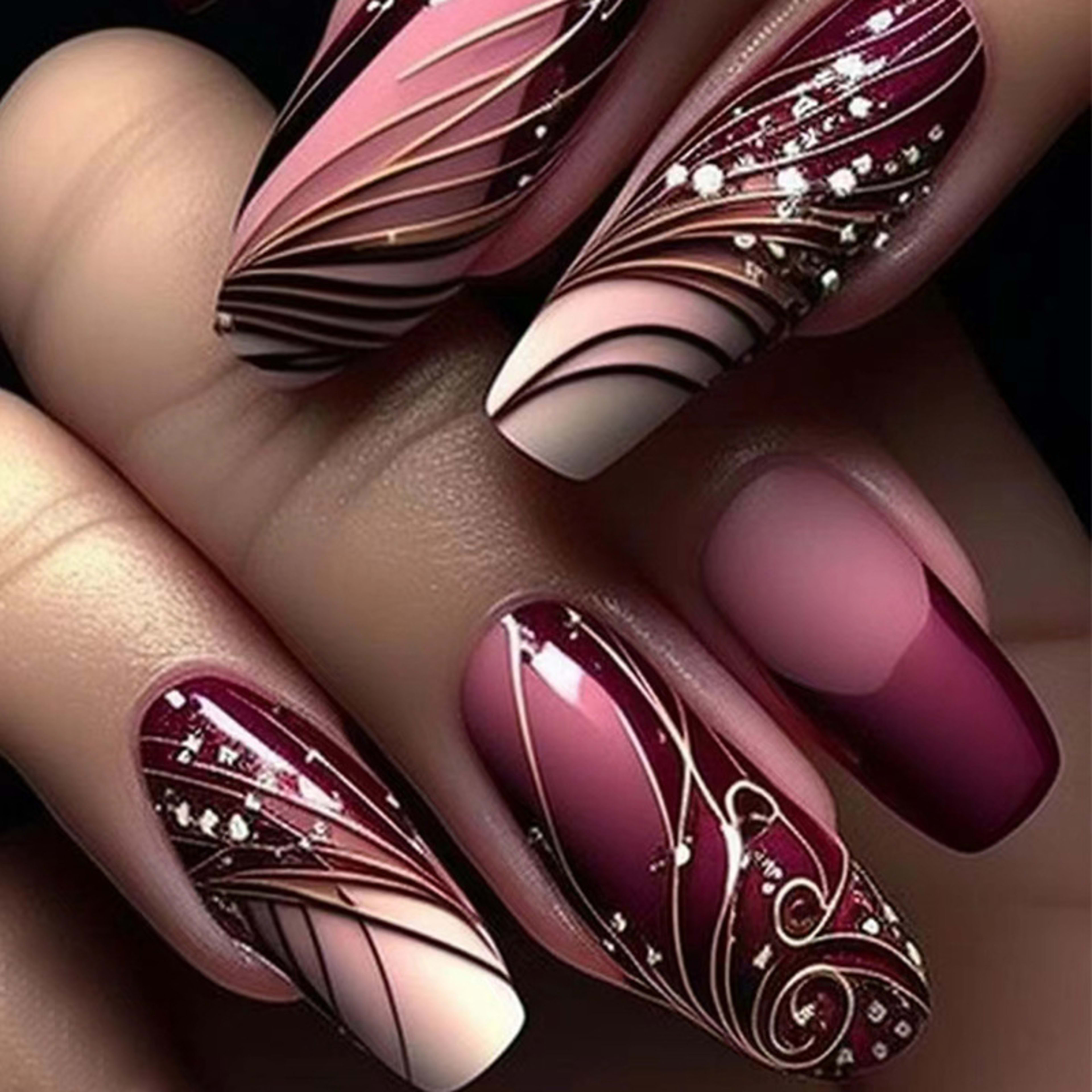 Line Pattern Fake Nails Wear Nail Removable Nail Sticker Patch 4