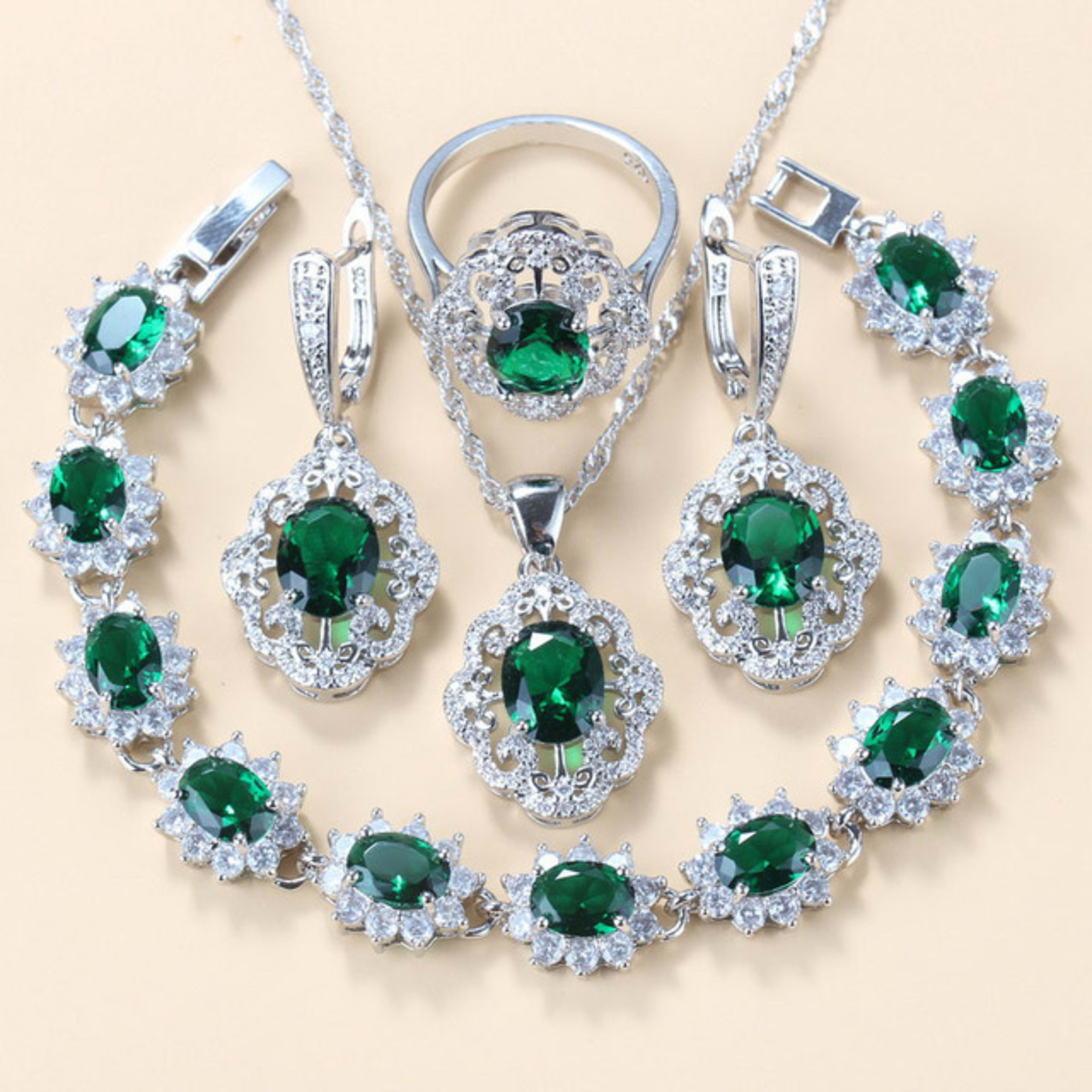 Garnet Cubic Zirconia Earrings Pendant Necklace Bracelet Ring Gift 4 PCs Set 3