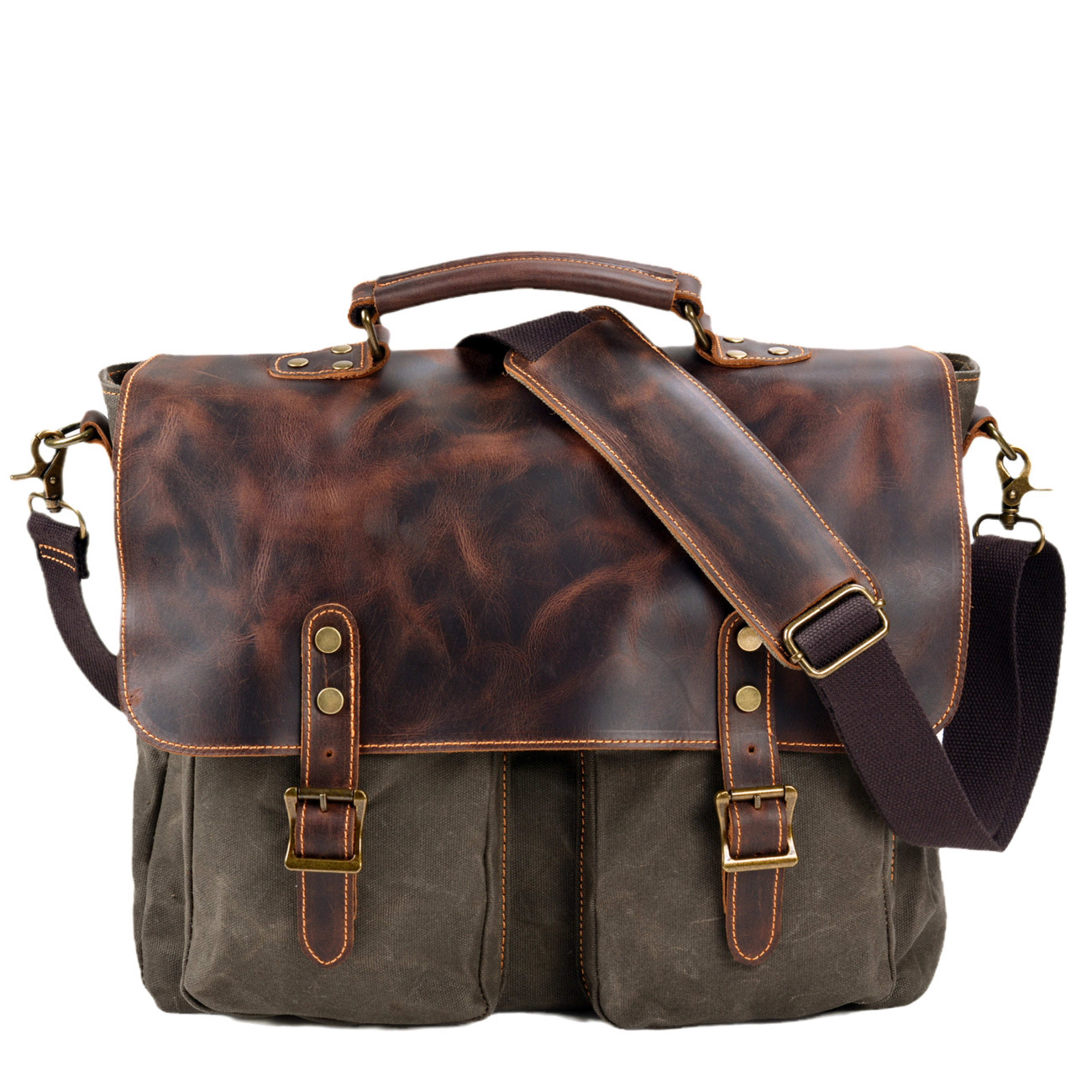 Waterproof Canvas Stitching Leather Briefcase Handbag 8