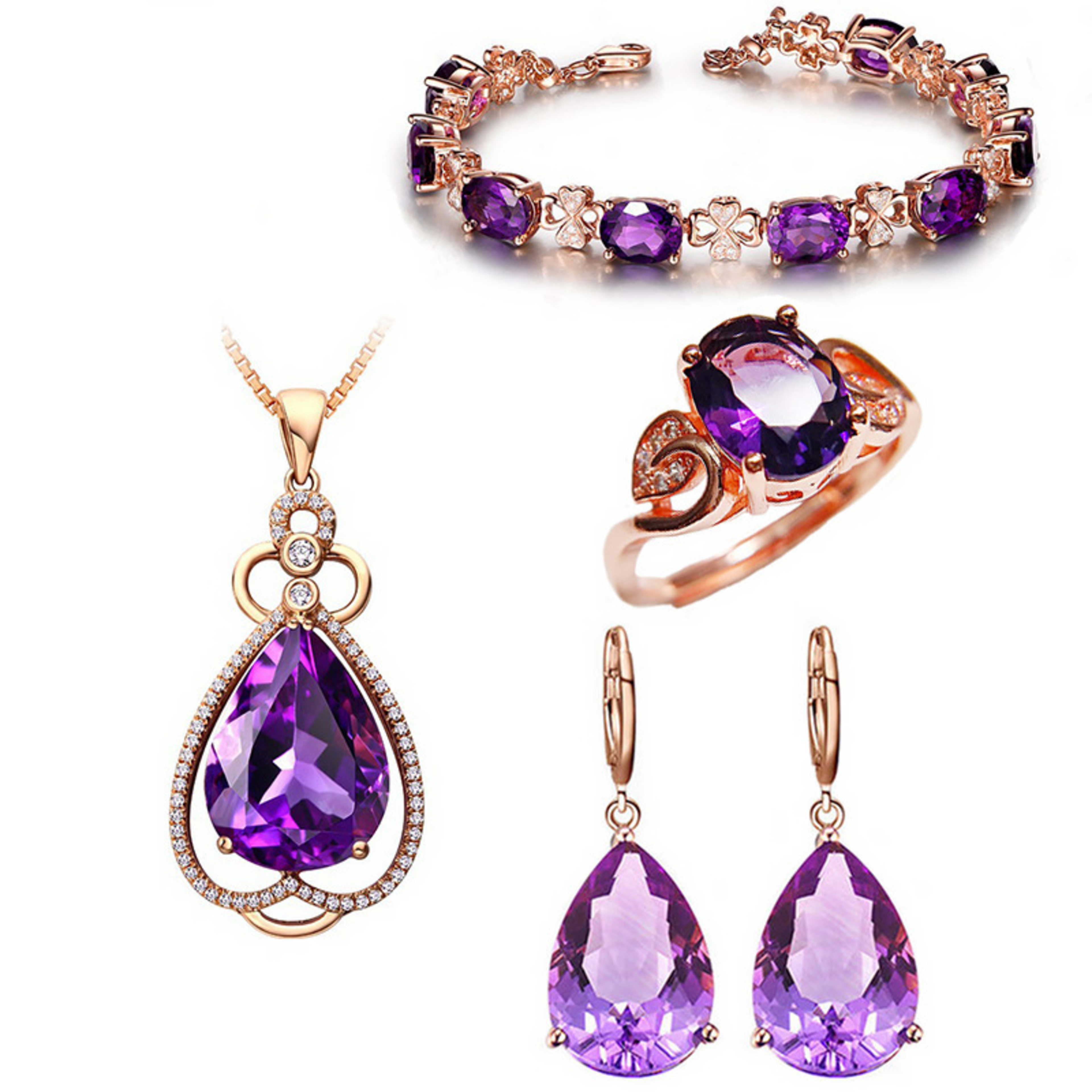 Quality Ear Hook Purple Gemstone Diamond Ring Rose Gold Collarbone Necklace Set 7