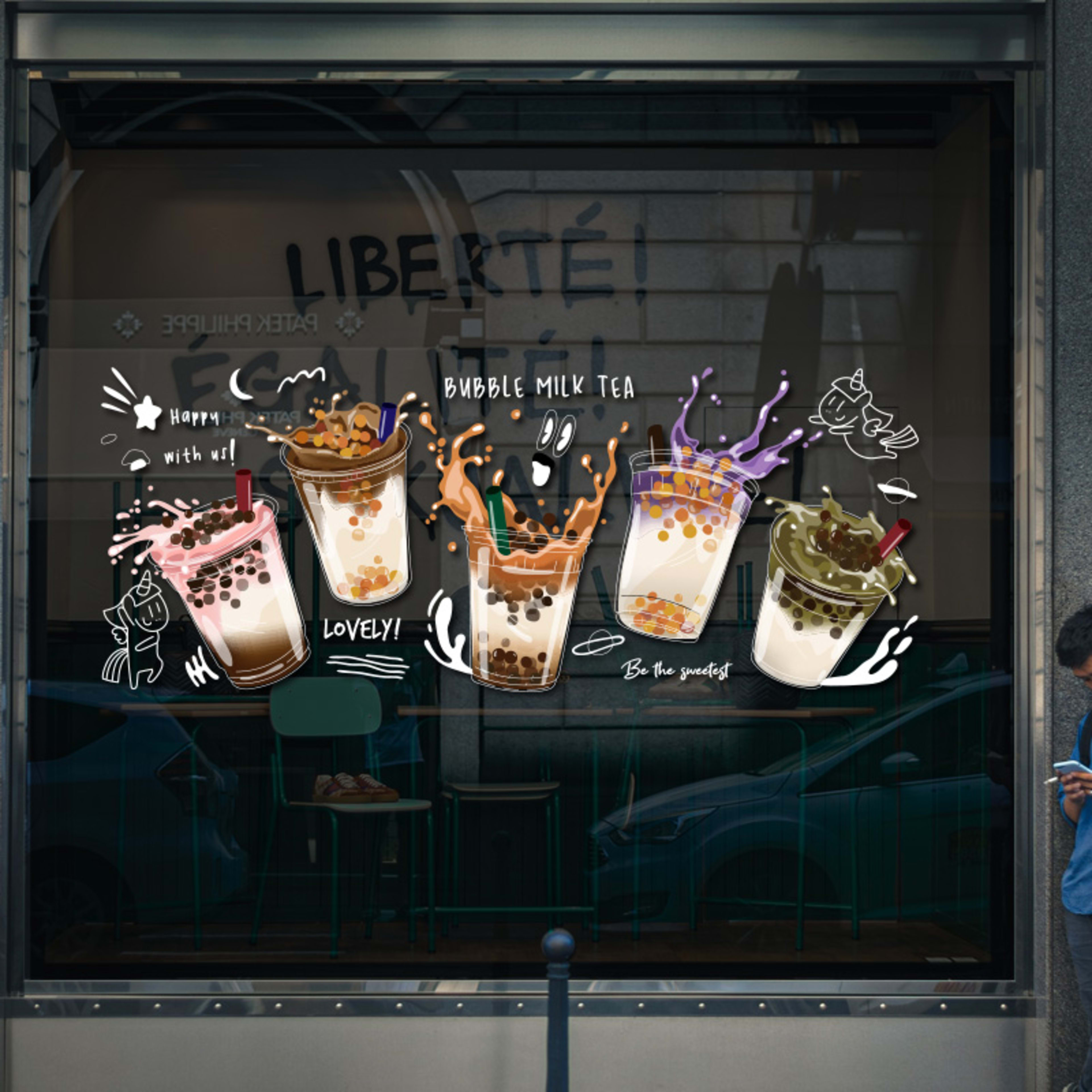 Milk Tea Shop Decoration Decoration Glass Doors Stickers