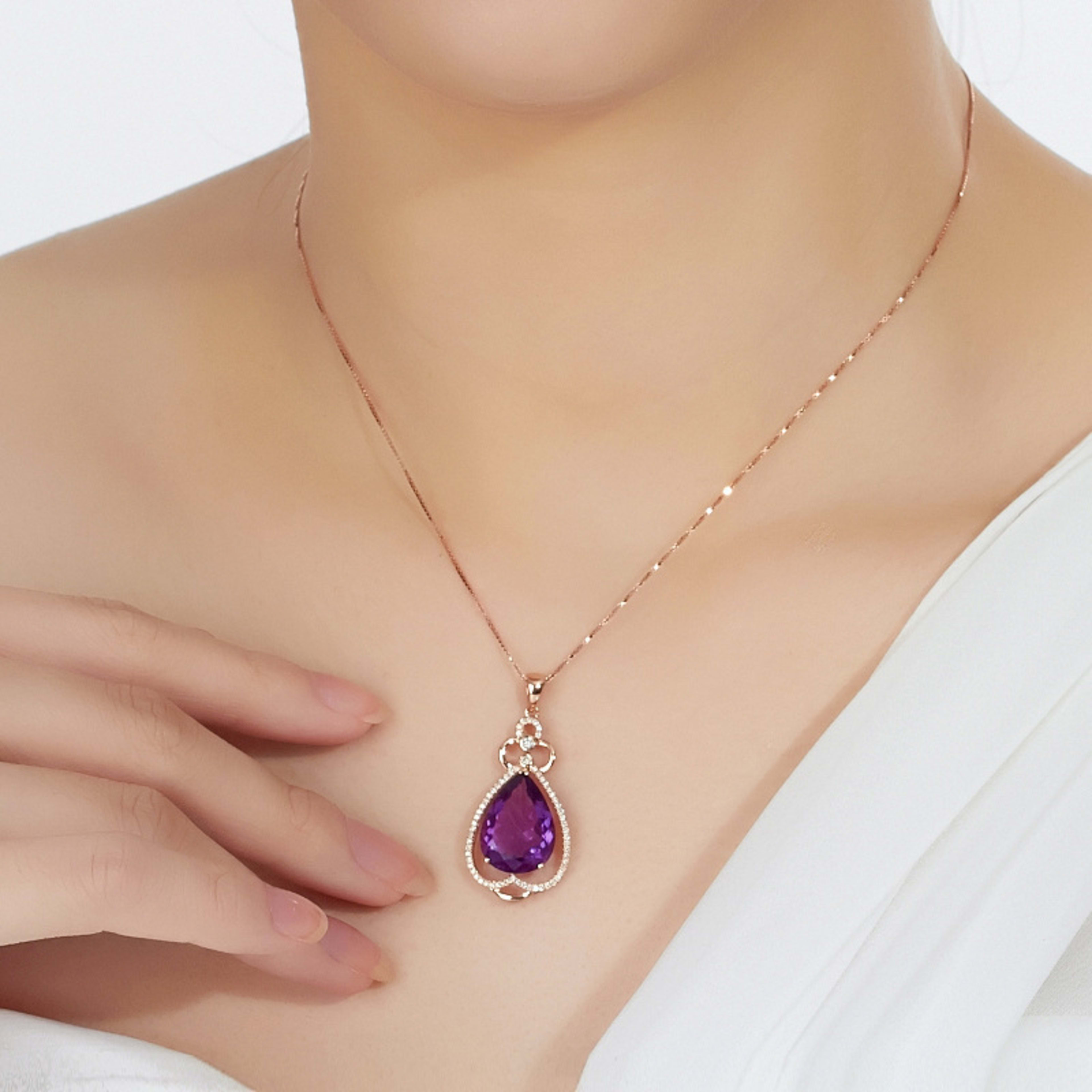 Quality Ear Hook Purple Gemstone Diamond Ring Rose Gold Collarbone Necklace Set 10
