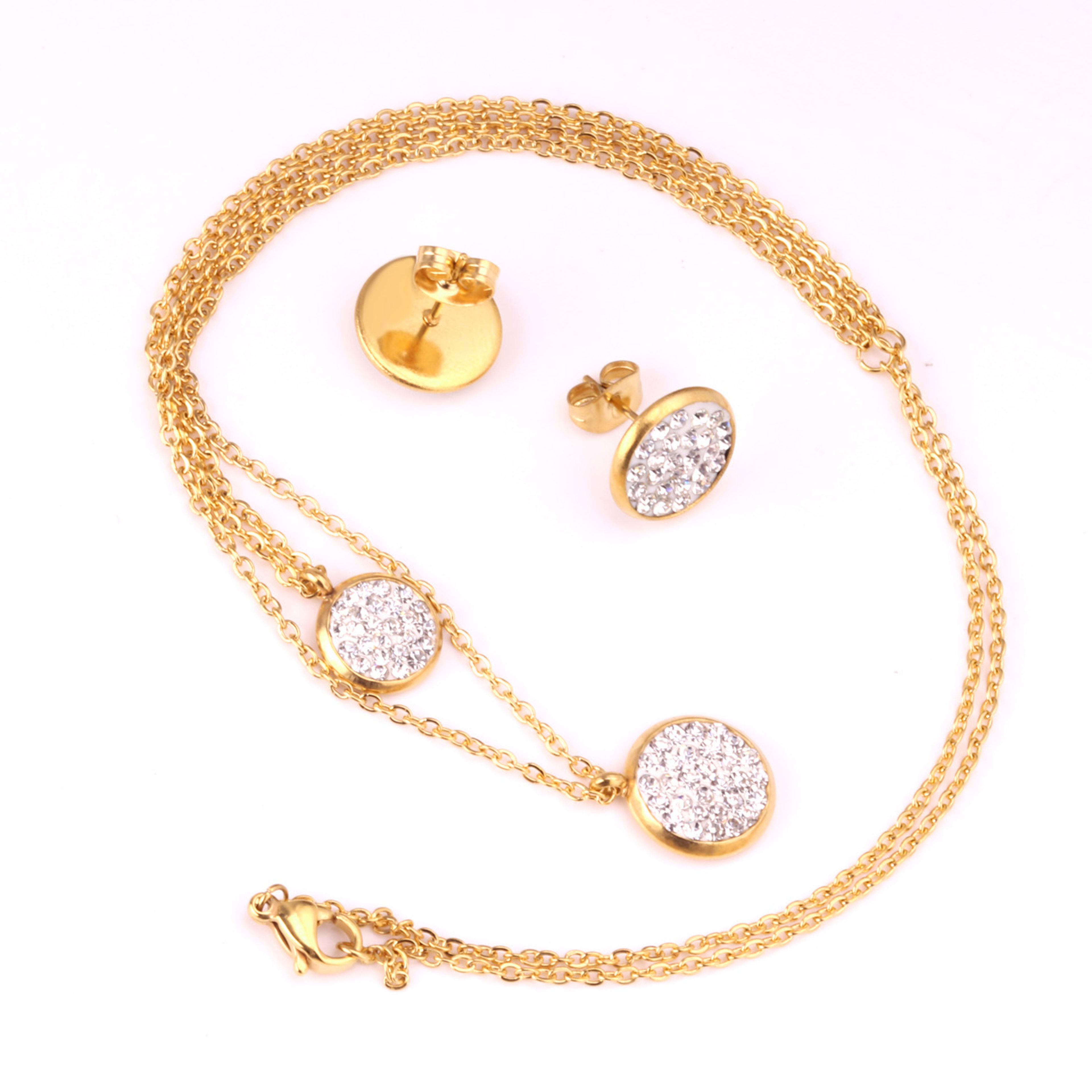 White Mud Pendant Double Chain Gold Stainless Steel Jewelry Set For Women 2