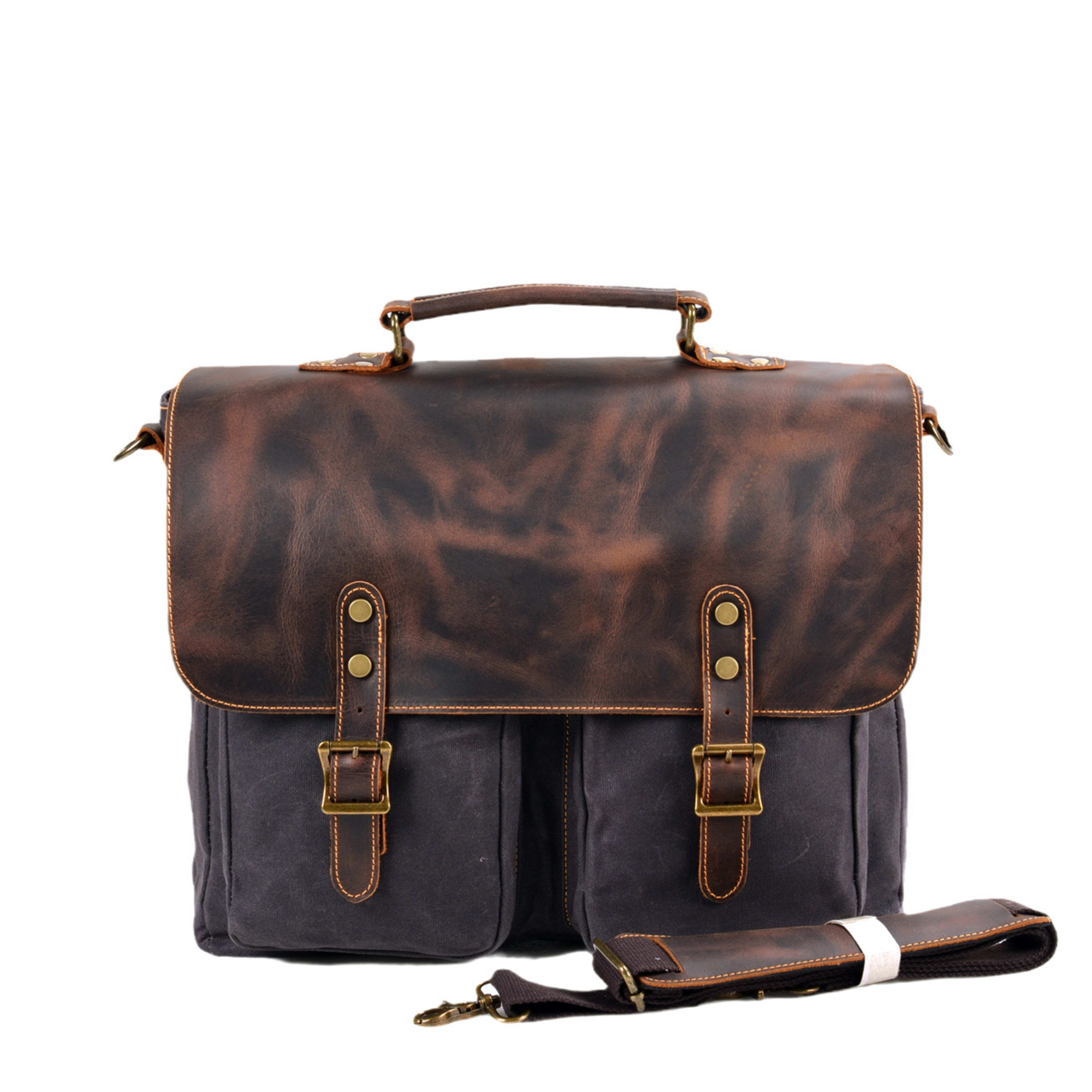 Waterproof Canvas Stitching Leather Briefcase Handbag 6