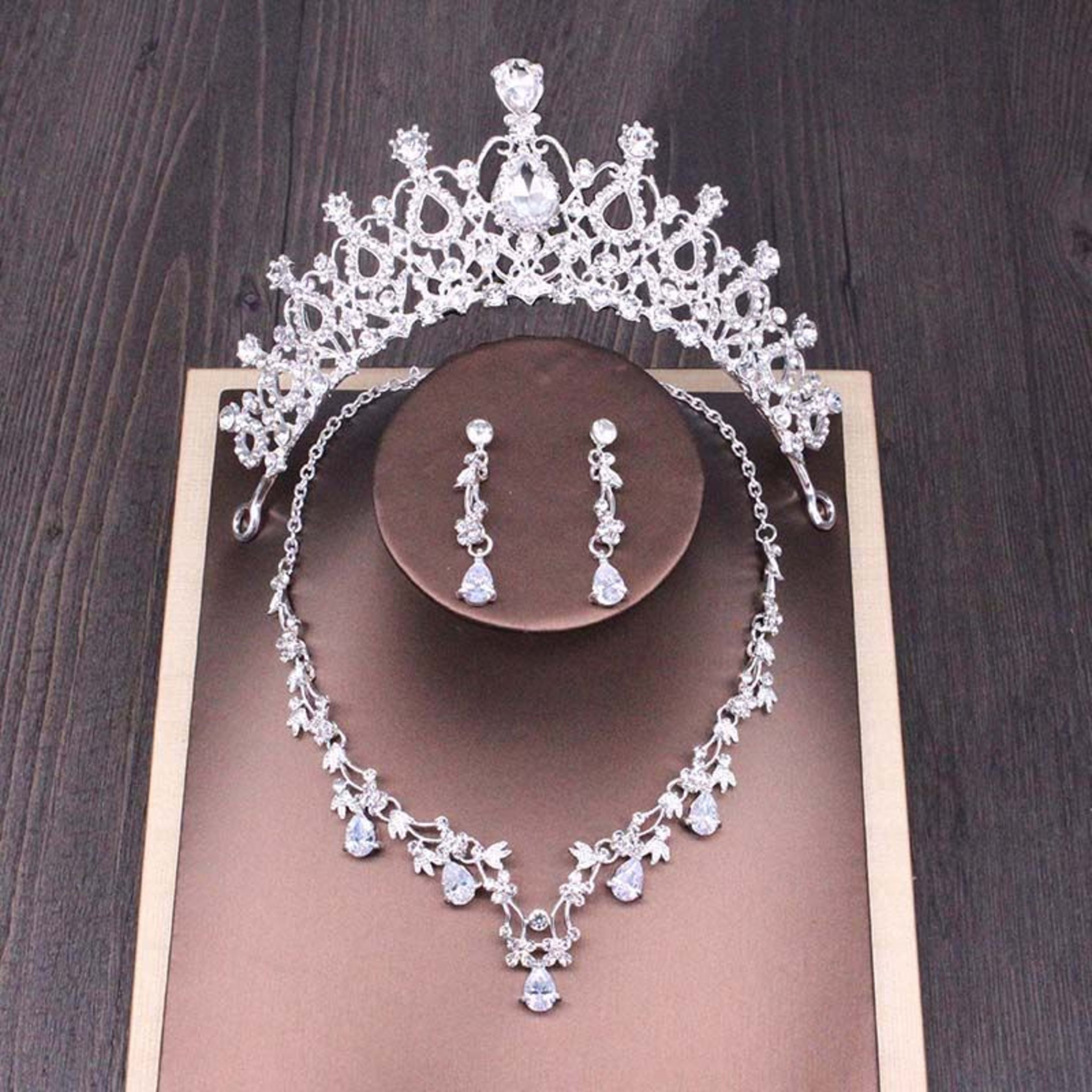 Bridal Rhinestone Crown Necklace Set Wedding Accessories 12